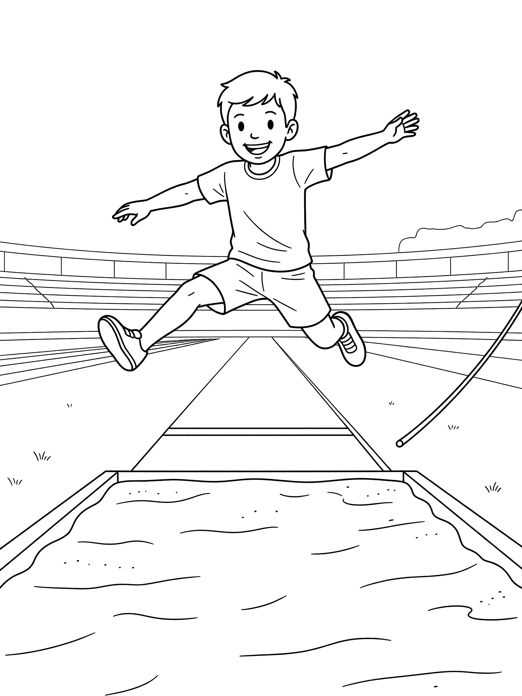 Line art coloring page showing a happy young athlete mid-jump over long jump sand pit with runway and stadium in the background
