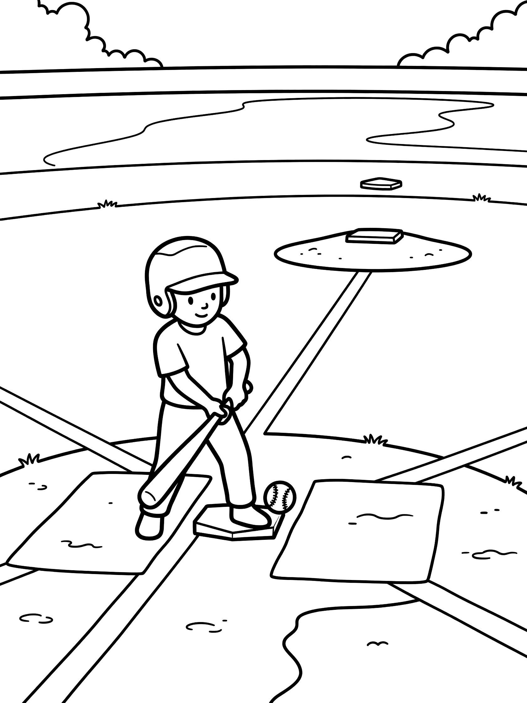 Black and white coloring page showing a young batter bunting a baseball down the line near home plate and the pitcher's mound.