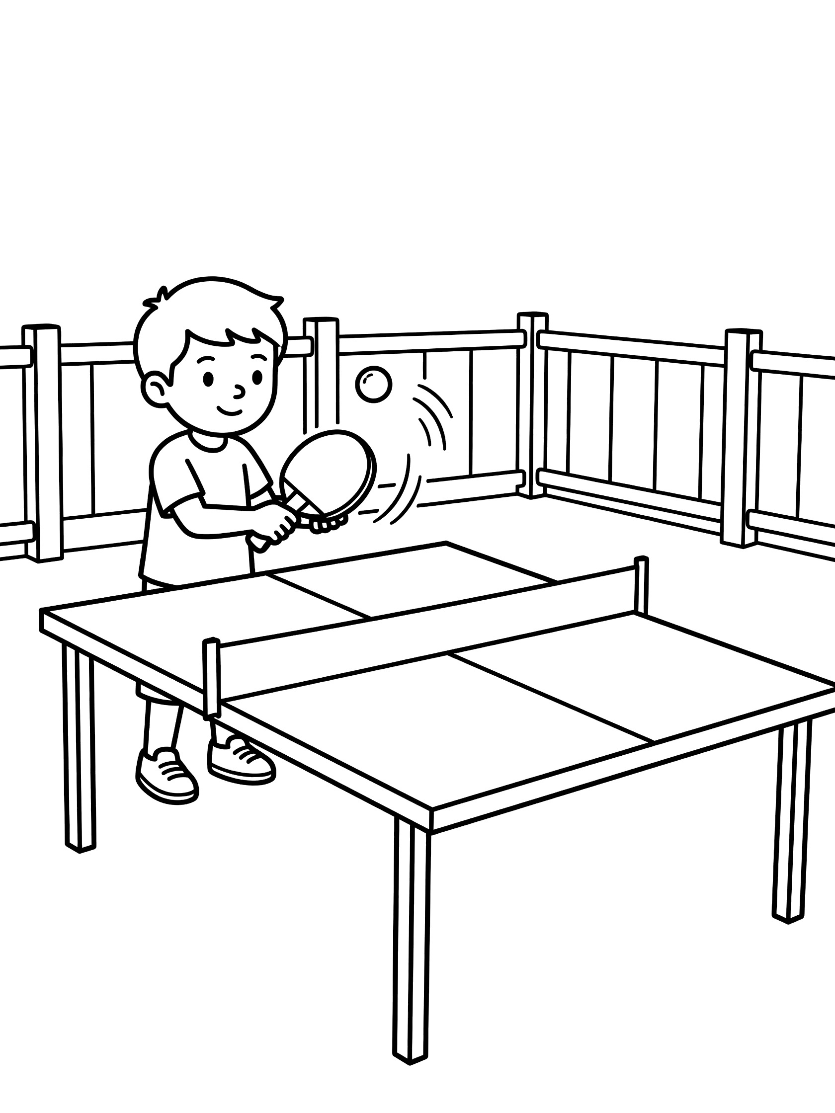 Line art coloring page showing a boy standing at a ping pong table outdoors, bouncing a ball on his paddle with motion lines, net and fence in background