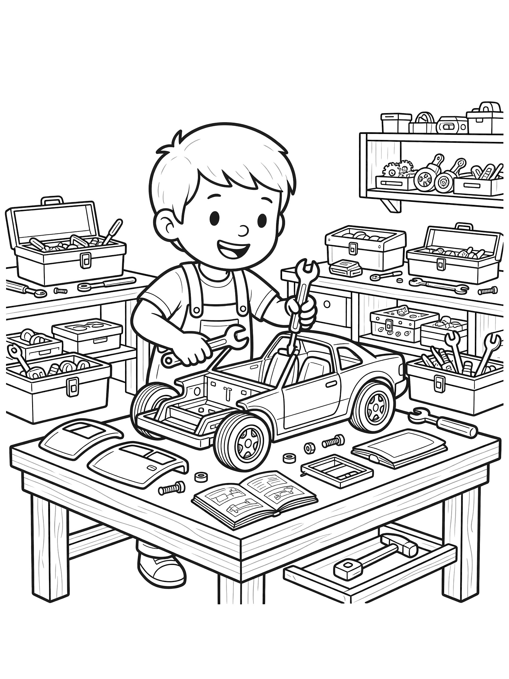 Cute cartoon kid smiling while attaching wheels to a kit car chassis using a wrench and screwdriver on a workbench surrounded by toolboxes and car parts.