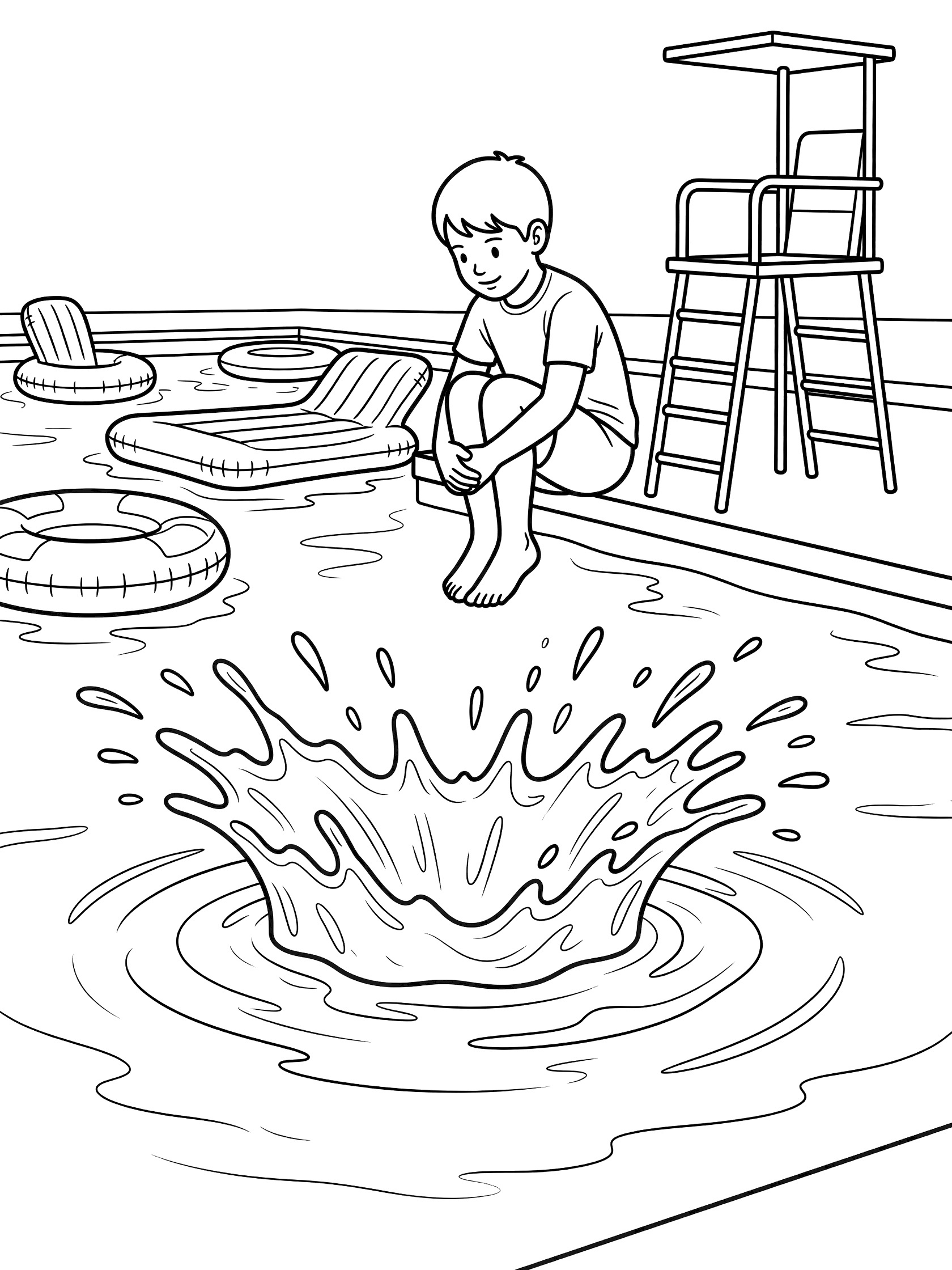 Line art coloring page showing a boy tucking knees for cannonball jump into water park pool deep end with splash, pool floats, and lifeguard stand.