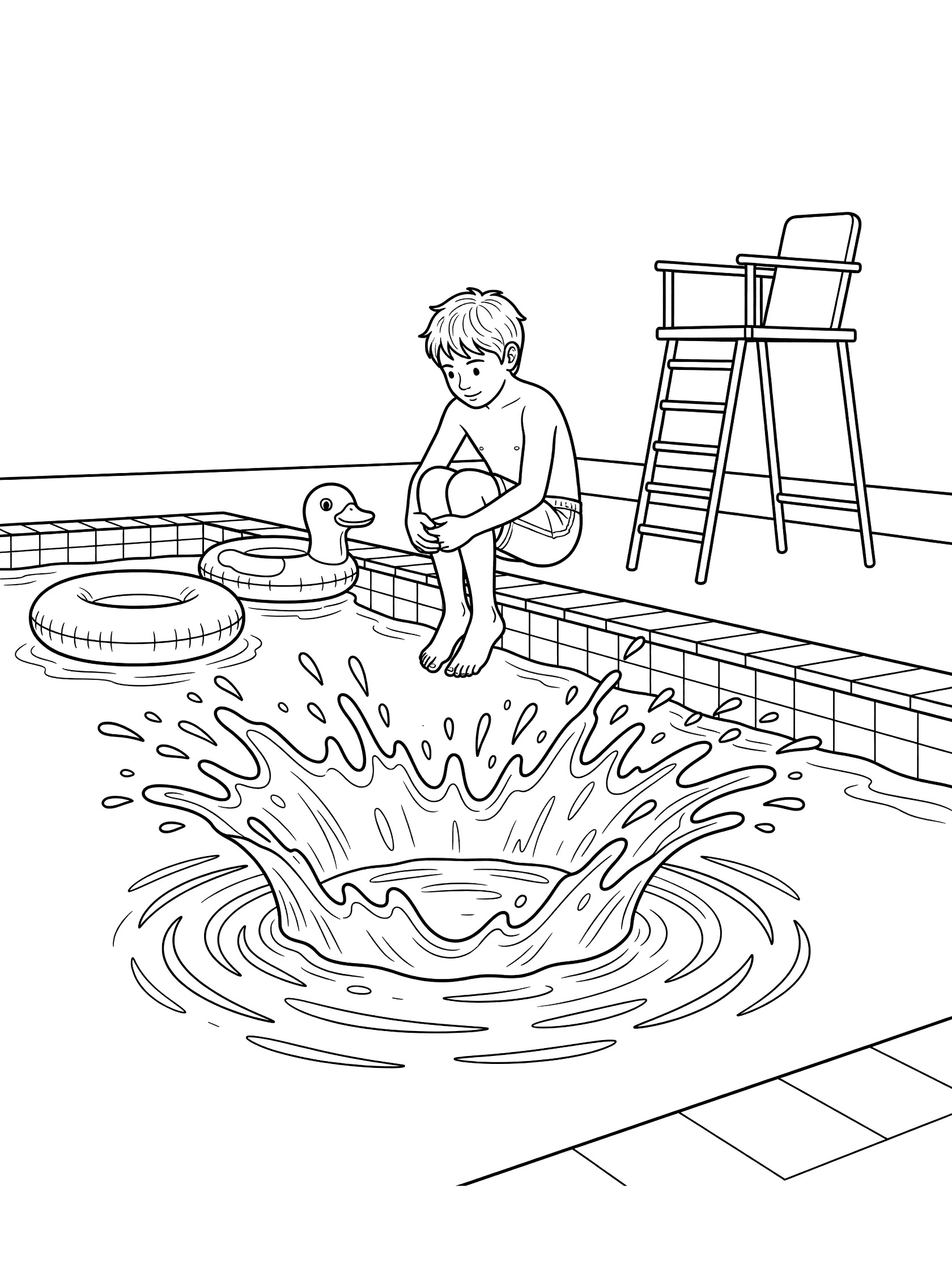 Line art coloring page showing a boy tucking knees for cannonball jump into water park pool deep end with splash, inner tube, rubber duck, and lifeguard chair.