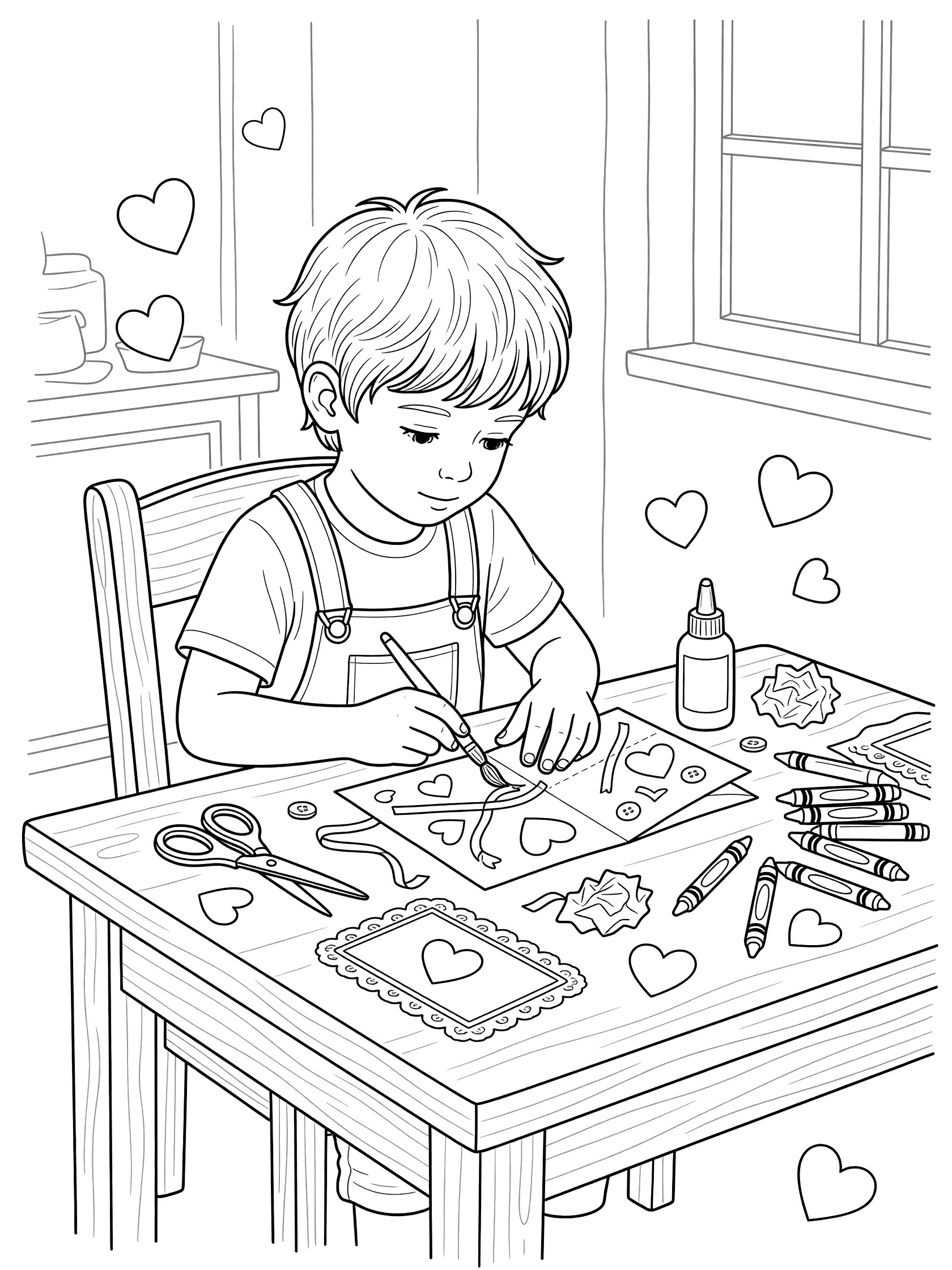 Child sitting at wooden table folding paper into heart cards, gluing on hearts, ribbons and buttons with scissors and crayons scattered around for coloring page