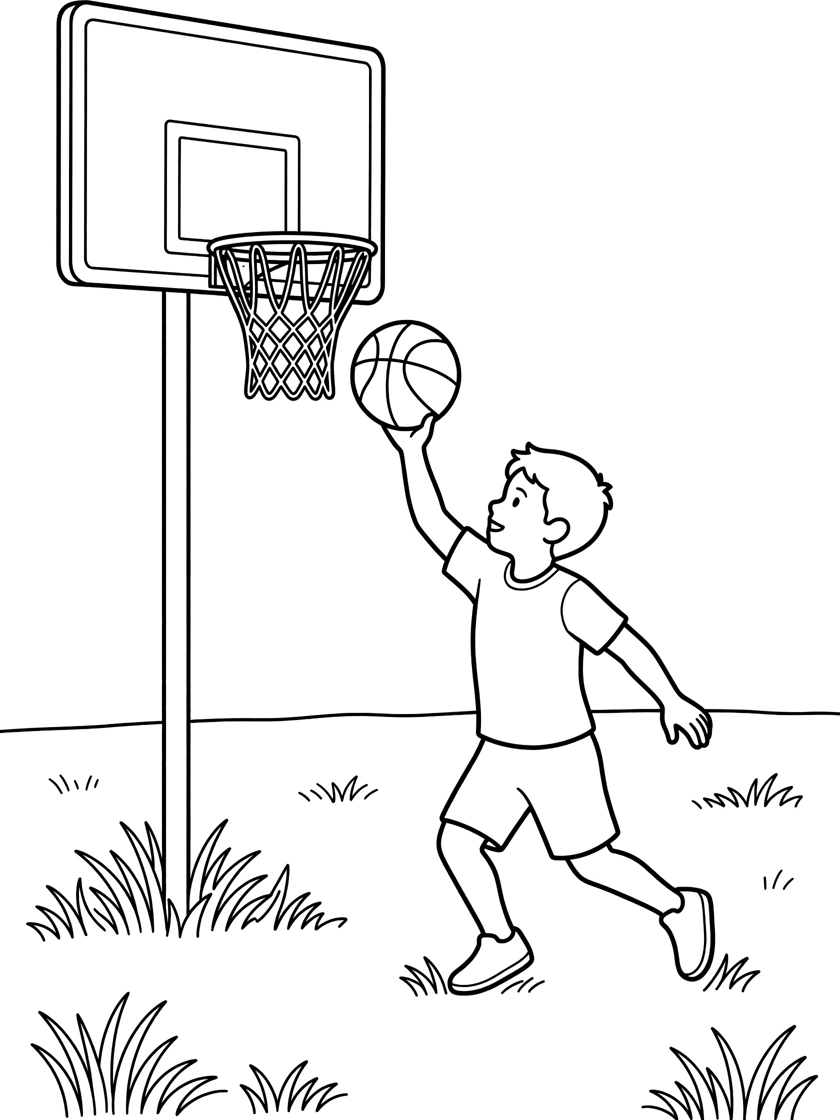 Black and white coloring page showing a boy gliding for a finger roll layup under the backyard basketball rim with net and grass around the pole.