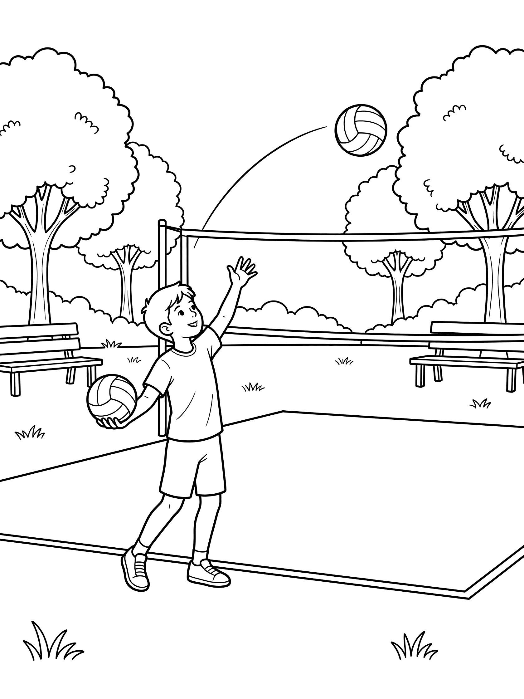 Black and white line art of a smiling child in shorts and t-shirt performing an underhand serve, tossing a volleyball over the net on a park court with trees, grass and benches.