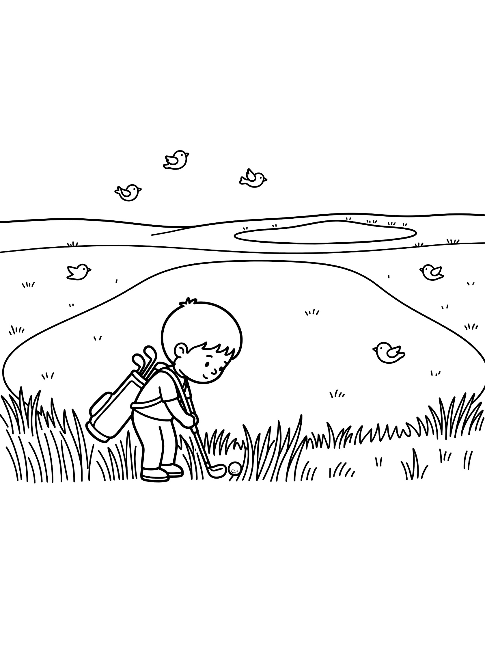 Child-like golfer with golf bag over shoulder, bending to search for golf ball hidden in fairway grass, with bunker and birds in the background.