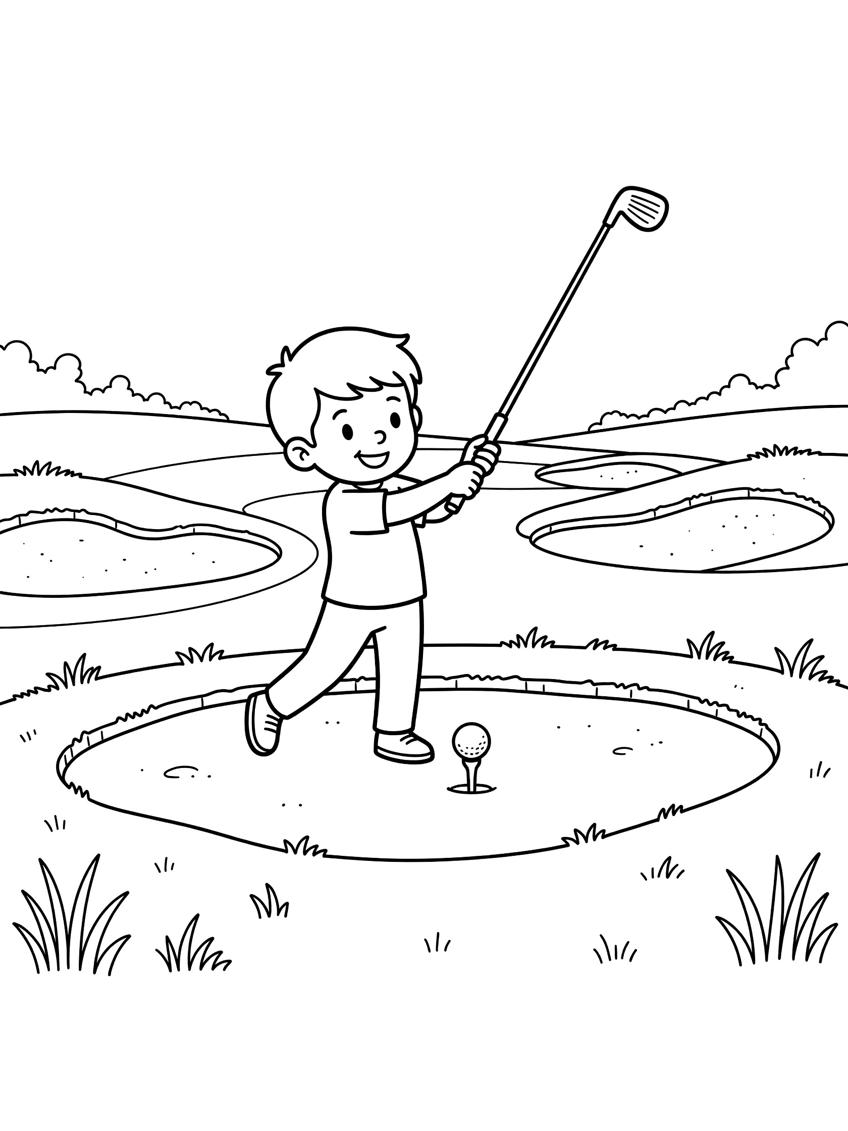 Whimsical line art of a smiling kid golfer gripping and stretching with his driver club before teeing off, surrounded by golf bunkers, grass, tee, and ball.