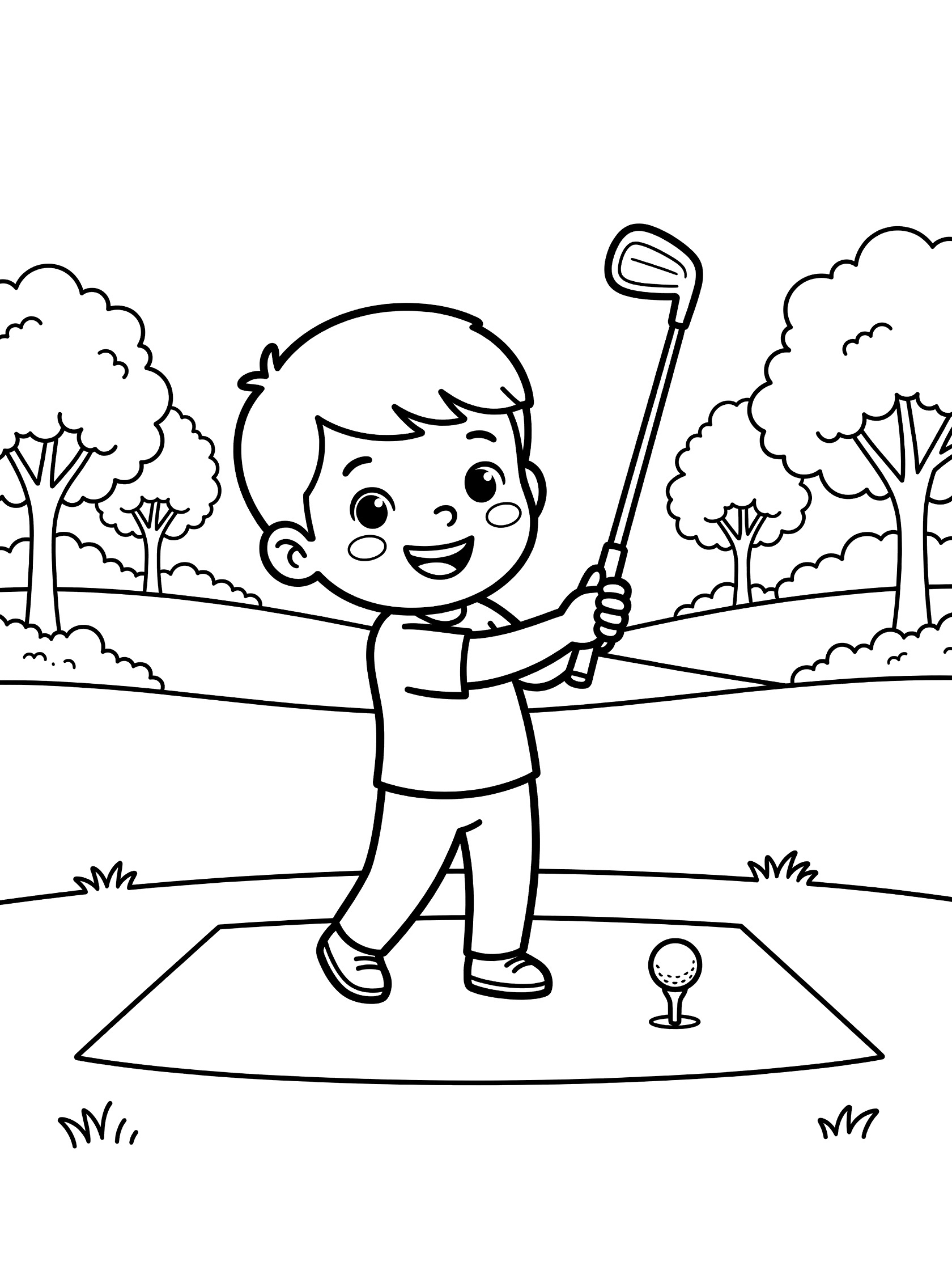 Cute cartoon kid golfer in swing with driver hitting teed up golf ball at tee box, surrounded by trees and gentle hills on golf course, black and white line art coloring page