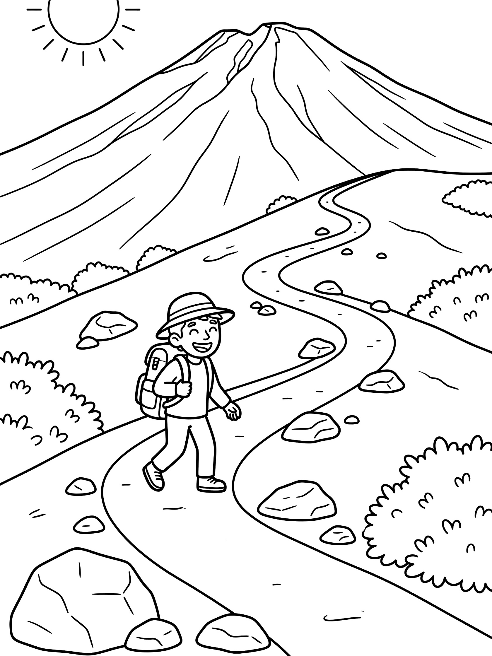 Black and white line art coloring page showing a child hiker with backpack and hat walking up a curvy trail toward a big mountain peak, with sun above, rocks along the path, and bushes on the sides. Mauna Kea themed black and white printable line art