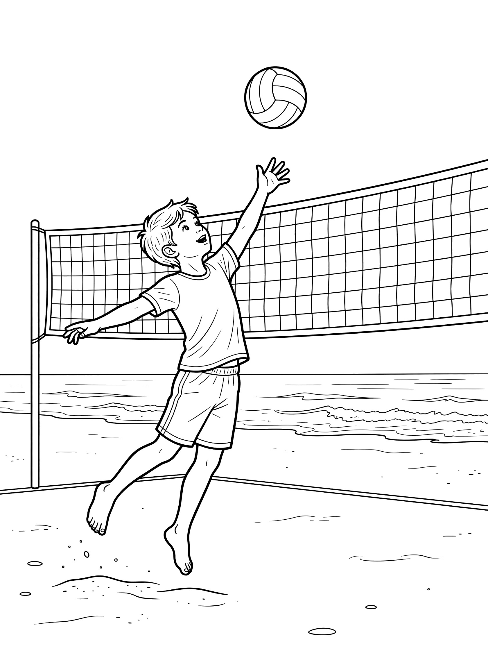 Black and white line art of a young player doing a jump serve in beach volleyball, tossing ball over net toward ocean waves