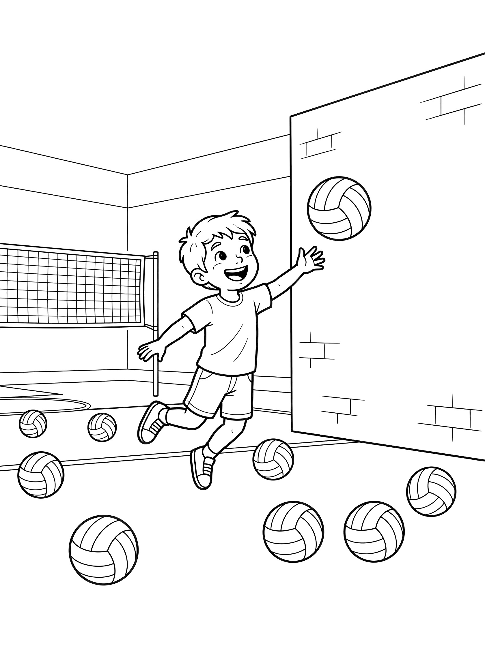 Child in shorts and t-shirt jumping to spike volleyball toward brick gym wall with balls scattered on floor and unused net beside