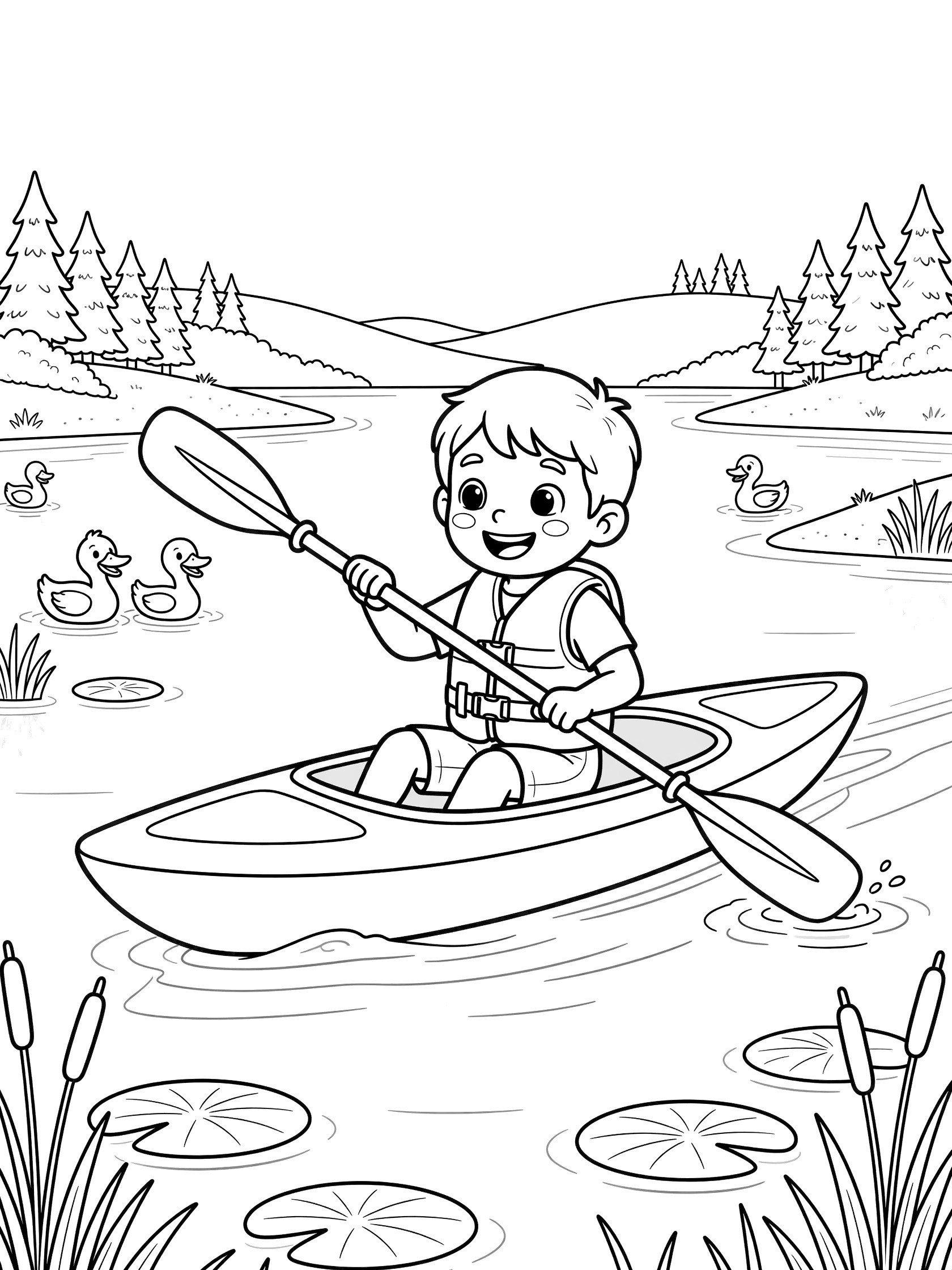 Black and white coloring page showing a happy kid in a life jacket paddling a kayak across a lake, with ducks, lily pads, reeds, hills, and pine trees.
