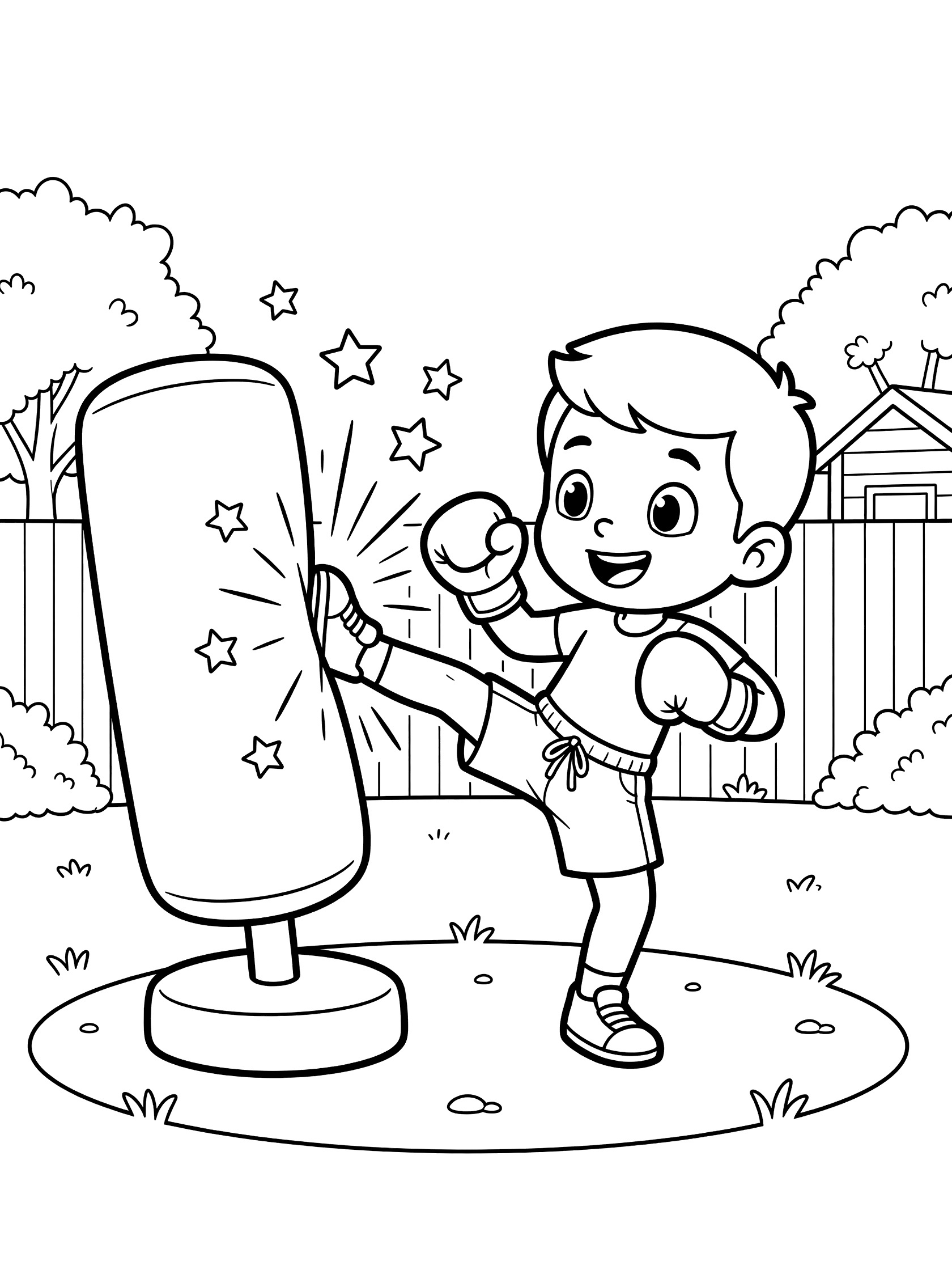 Cute stylized boy athlete with gloves kicking a tall freestanding punching bag in backyard, leg extended high with playful stars around impact, line art coloring page