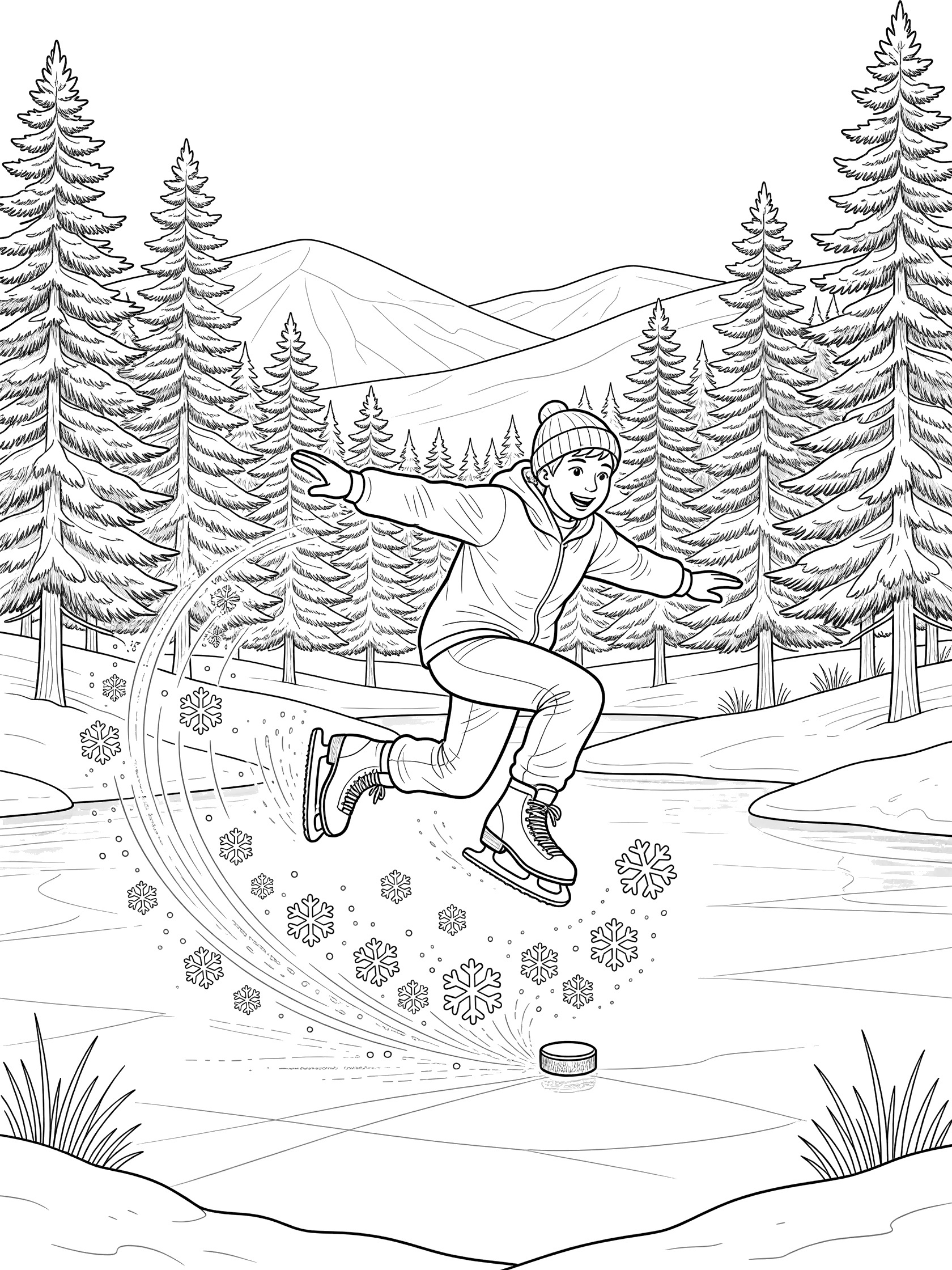 Line art coloring page showing a happy figure leaping over a hockey puck wearing ice skates on an icy pond surrounded by pine trees and snowflakes