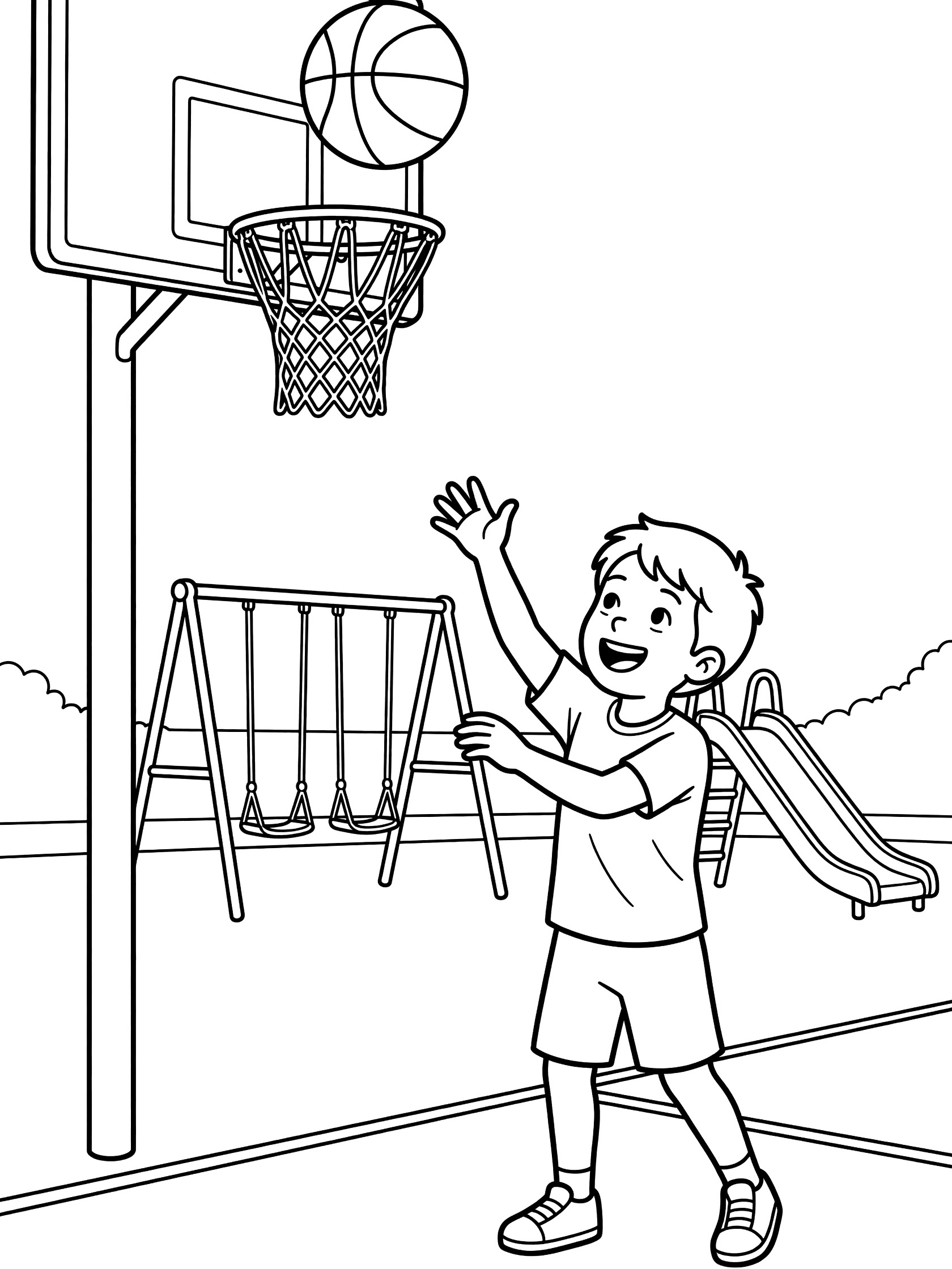 Line art coloring page showing a happy boy releasing a basketball for a swish through a playground basketball hoop, net details visible, swings and slide behind.