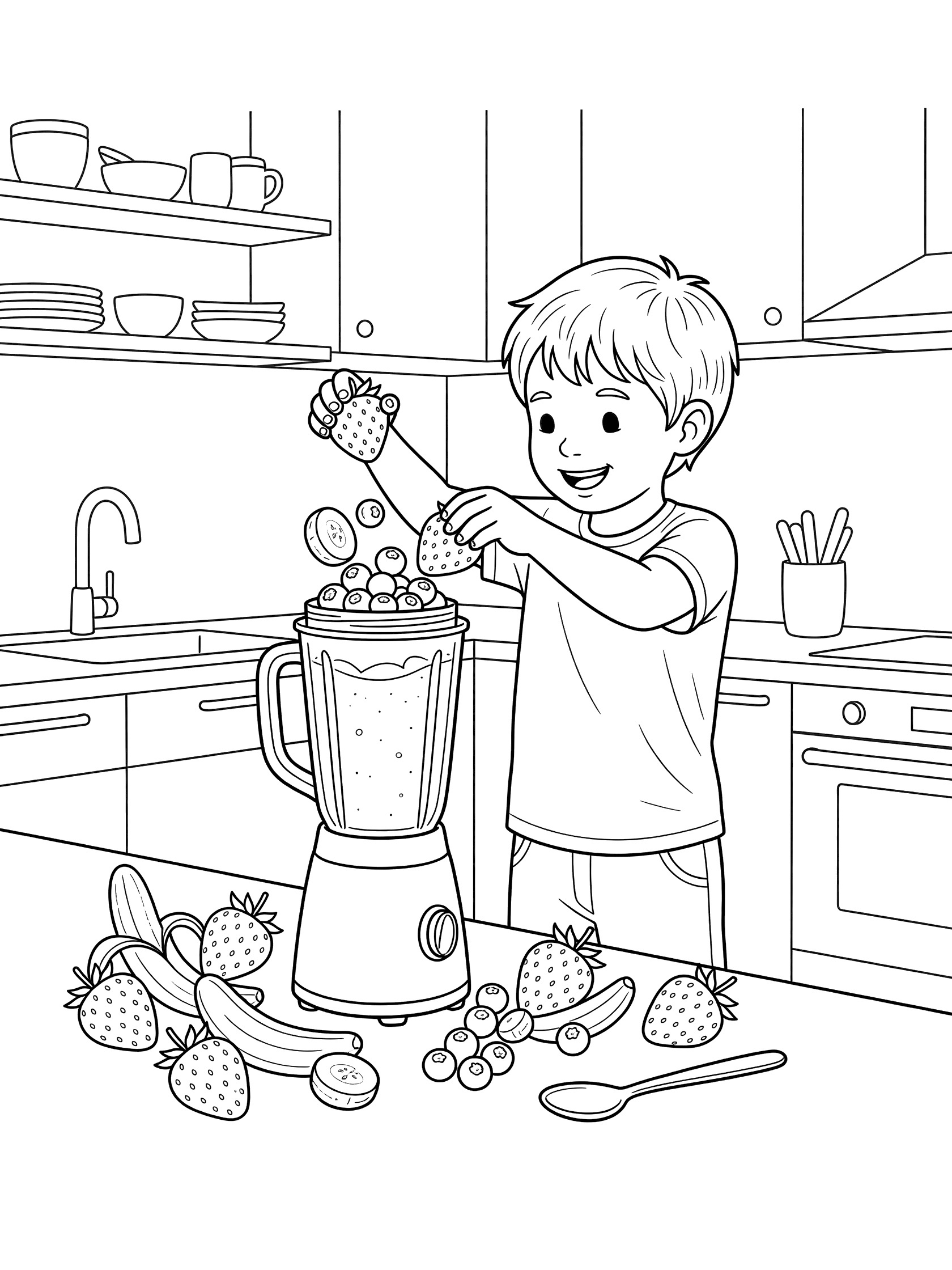 Coloring page showing a boy in a kitchen dropping strawberries, banana slices and blueberries into a tall blender for a smoothie, with fruits and spoon on the counter.