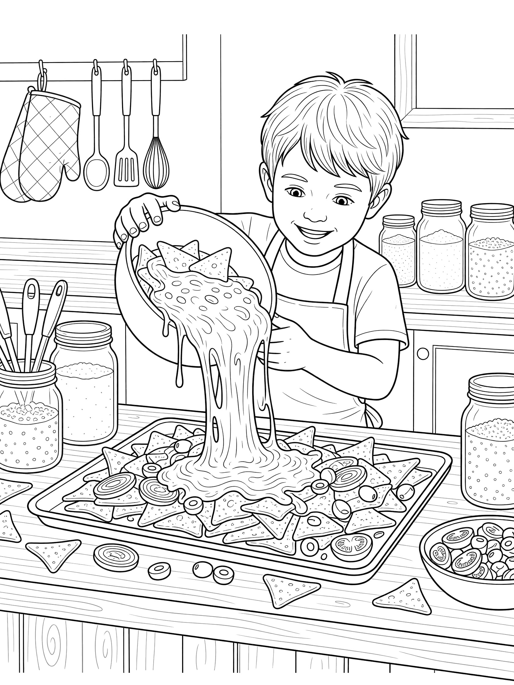 Coloring page showing a boy in an apron pouring melting cheese from a bowl onto nachos with chips, onions, tomatoes and olives on a baking sheet, surrounded by kitchen jars and utensils