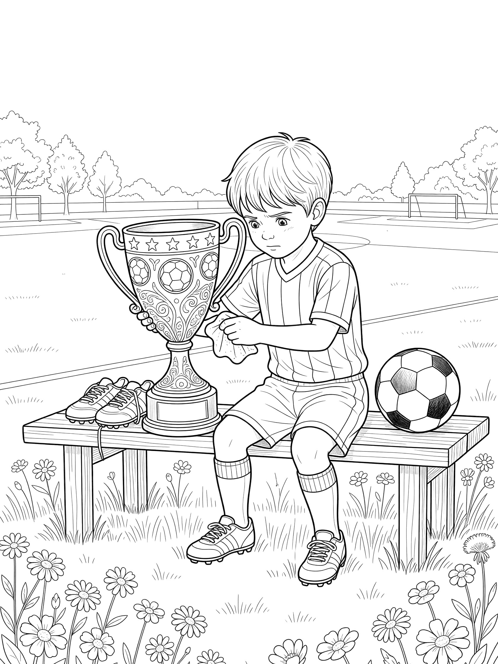 Black and white line art of a determined boy in soccer jersey and shorts polishing a detailed engraved soccer trophy on a bench by the park field, with soccer ball, cleats, and flowers.
