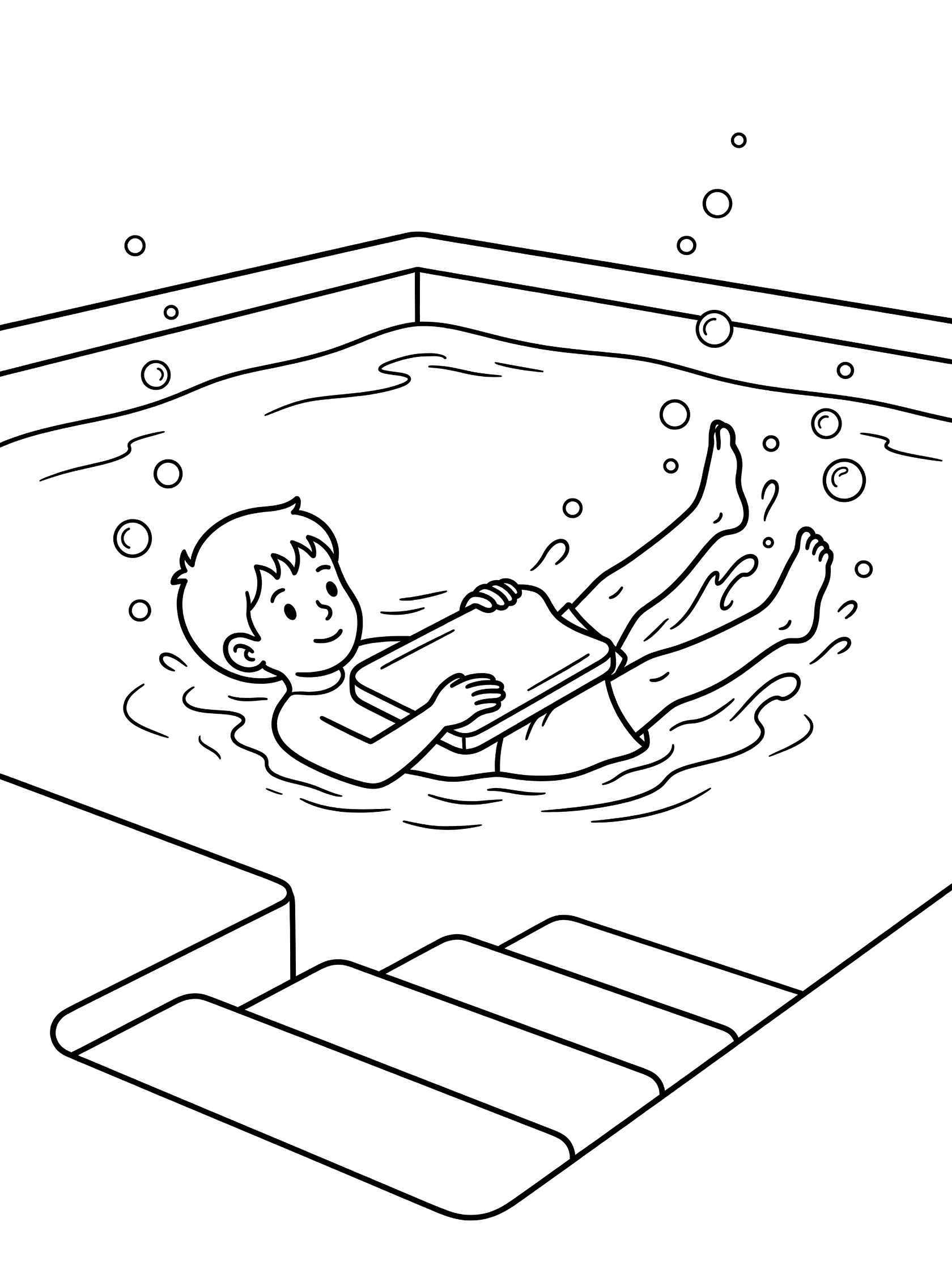 Black and white line art of a child doing relaxed backstroke kicks holding a kickboard in a training pool with bubbles rising and steps visible.