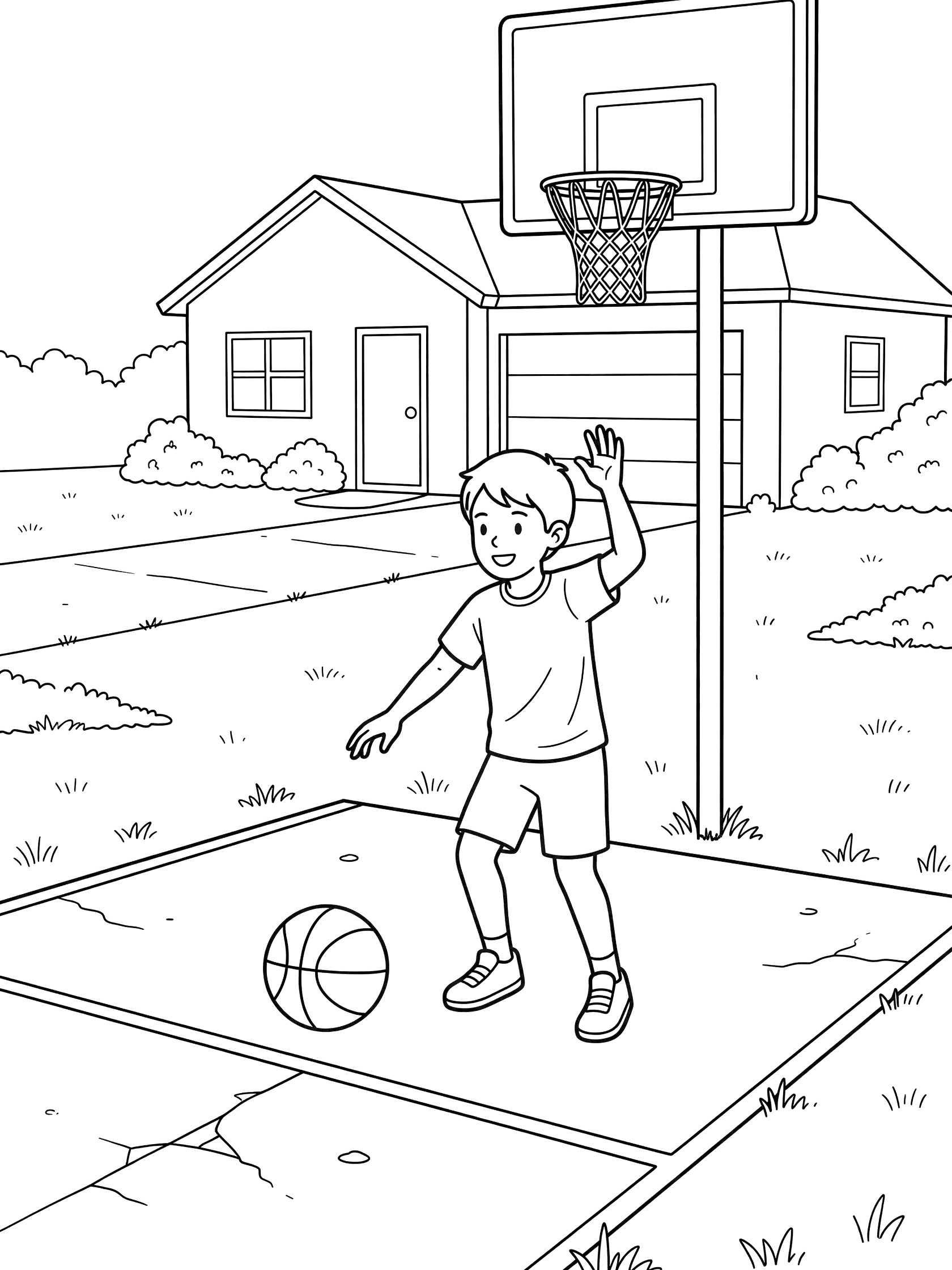 Child in shorts and t-shirt at free throw line, holding basketball ready to shoot at garage-mounted hoop with house and grass in backyard.