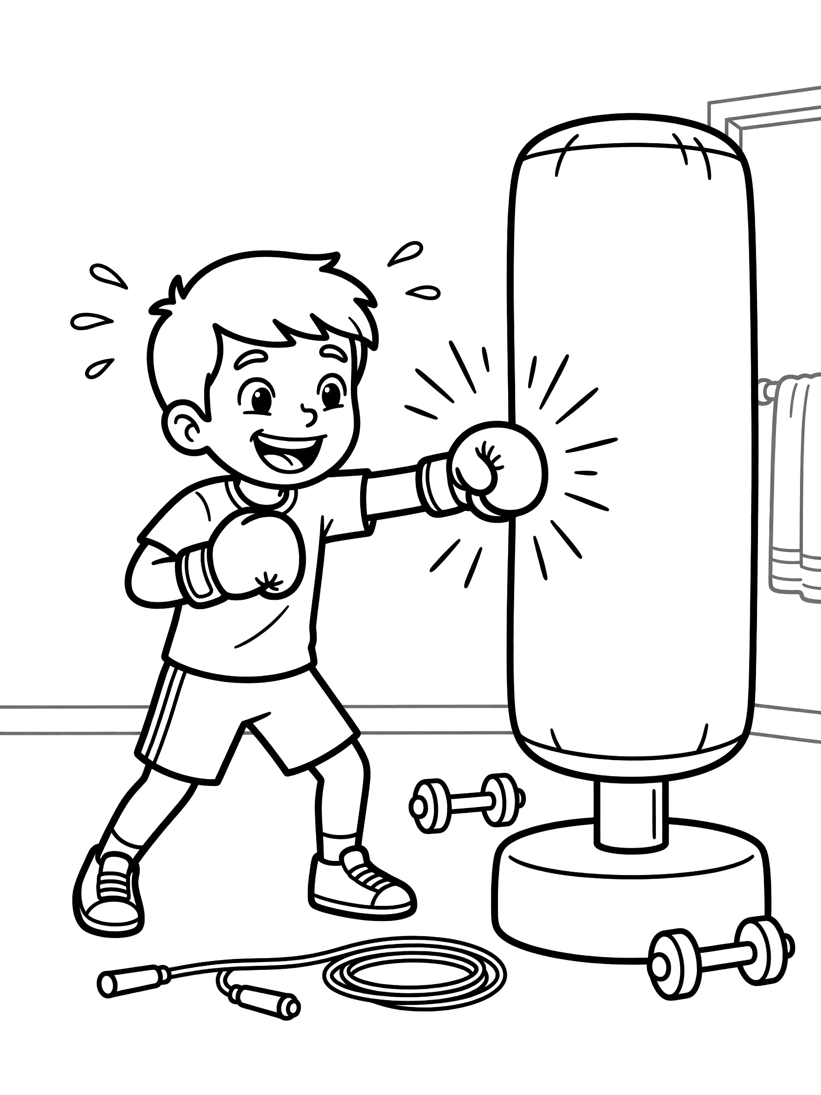 Line art coloring page showing a happy young boxer kid with gloves punching a tall punching bag, sweat drops flying, knees bent, next to dumbbells and jump rope.