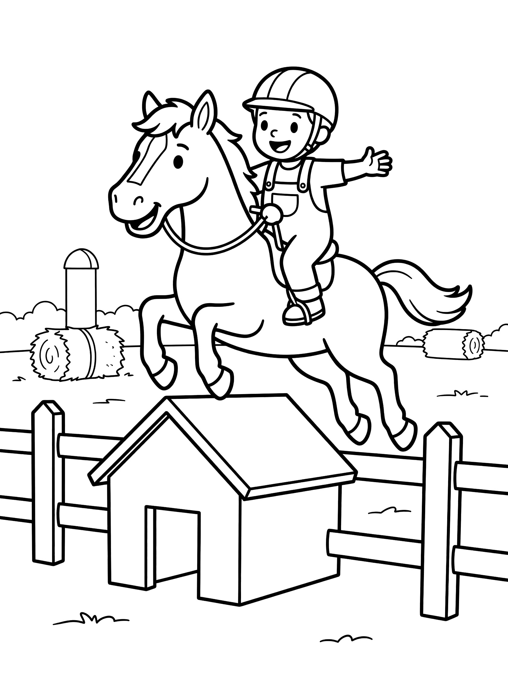 Printable coloring page showing a cartoon child in riding clothes and helmet on a smiling horse leaping over a coop fence shaped like a small house, with barn, hay bales, and fence in background. Show Jumping themed black and white printable line art