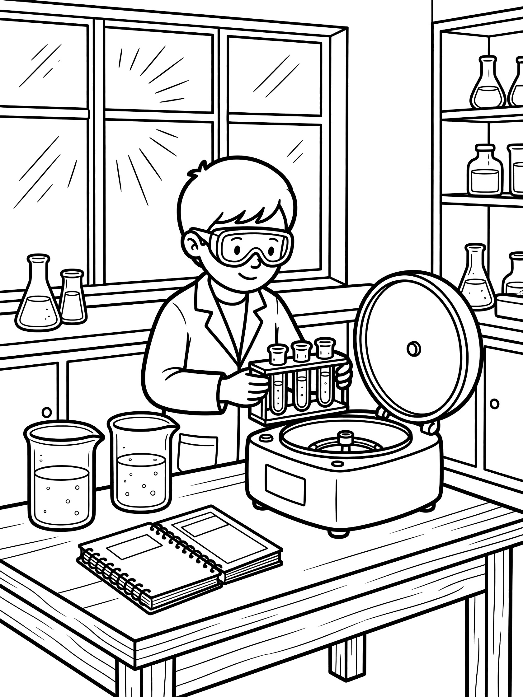 Line art coloring page showing a young scientist with goggles and lab coat placing test tubes into a centrifuge rotor on a lab bench with beakers and notebook nearby.