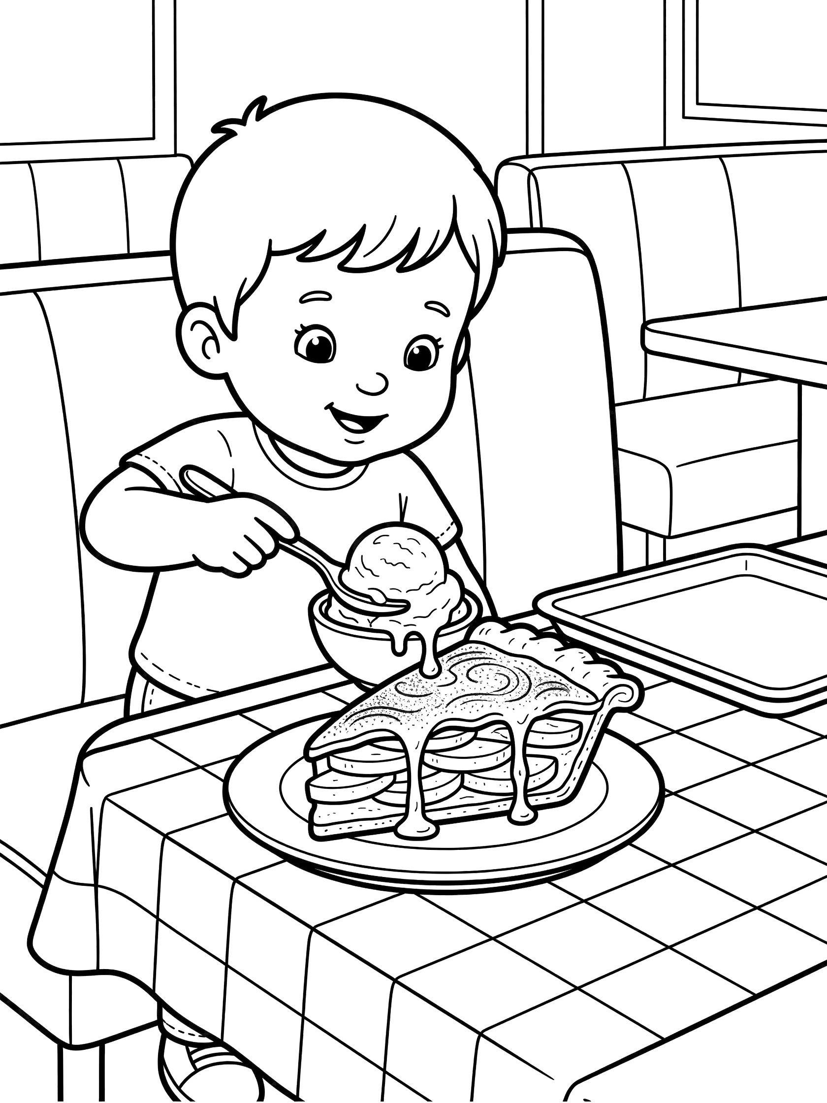 Coloring page showing a cute kid using a spoon to scoop ice cream onto apple pie slice on a plate at a diner table with checkered cloth.
