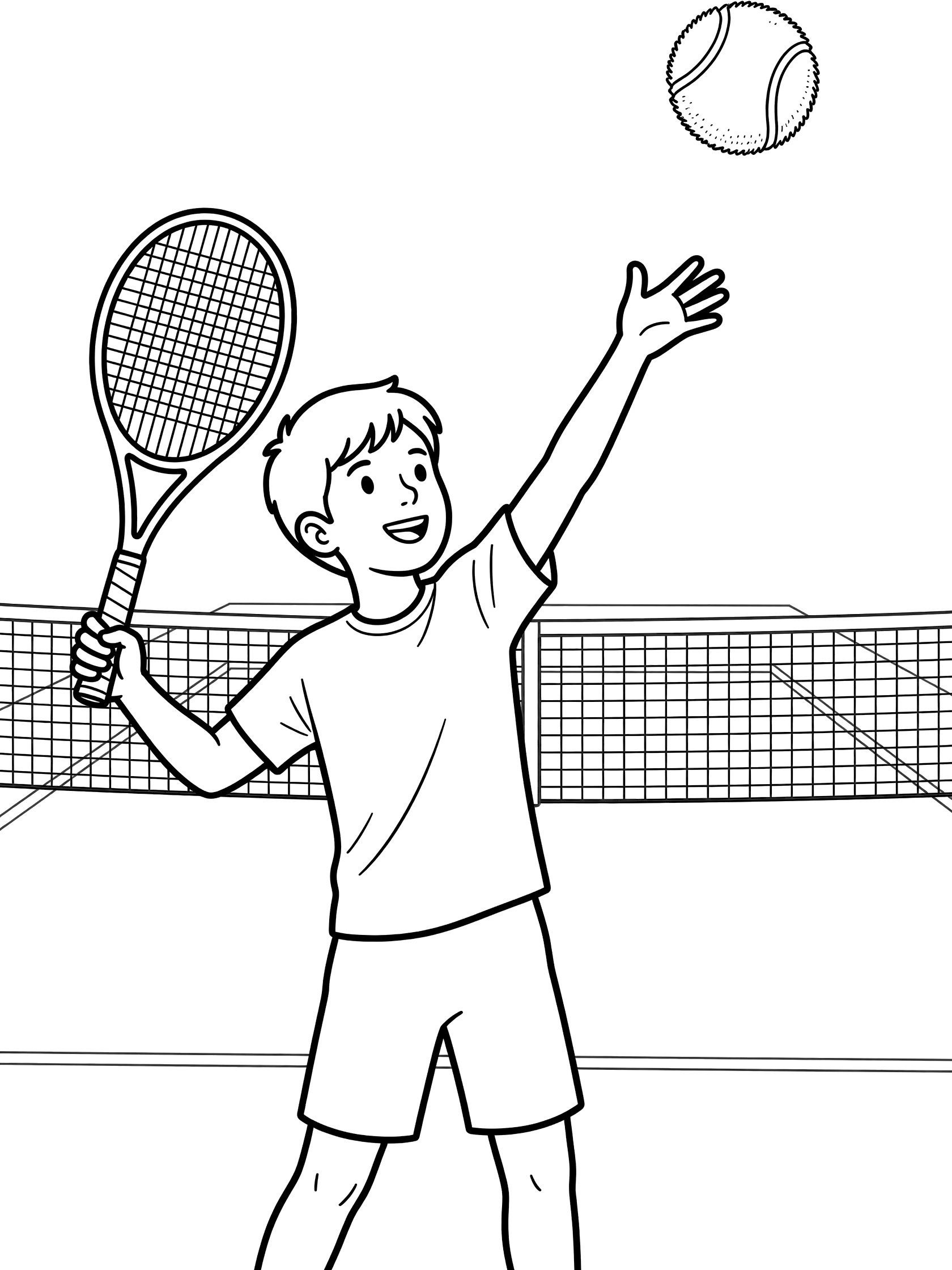 Line art coloring page showing a boy in shorts and t-shirt holding a tennis racket, tossing a fuzzy tennis ball high above the net on a tennis court.