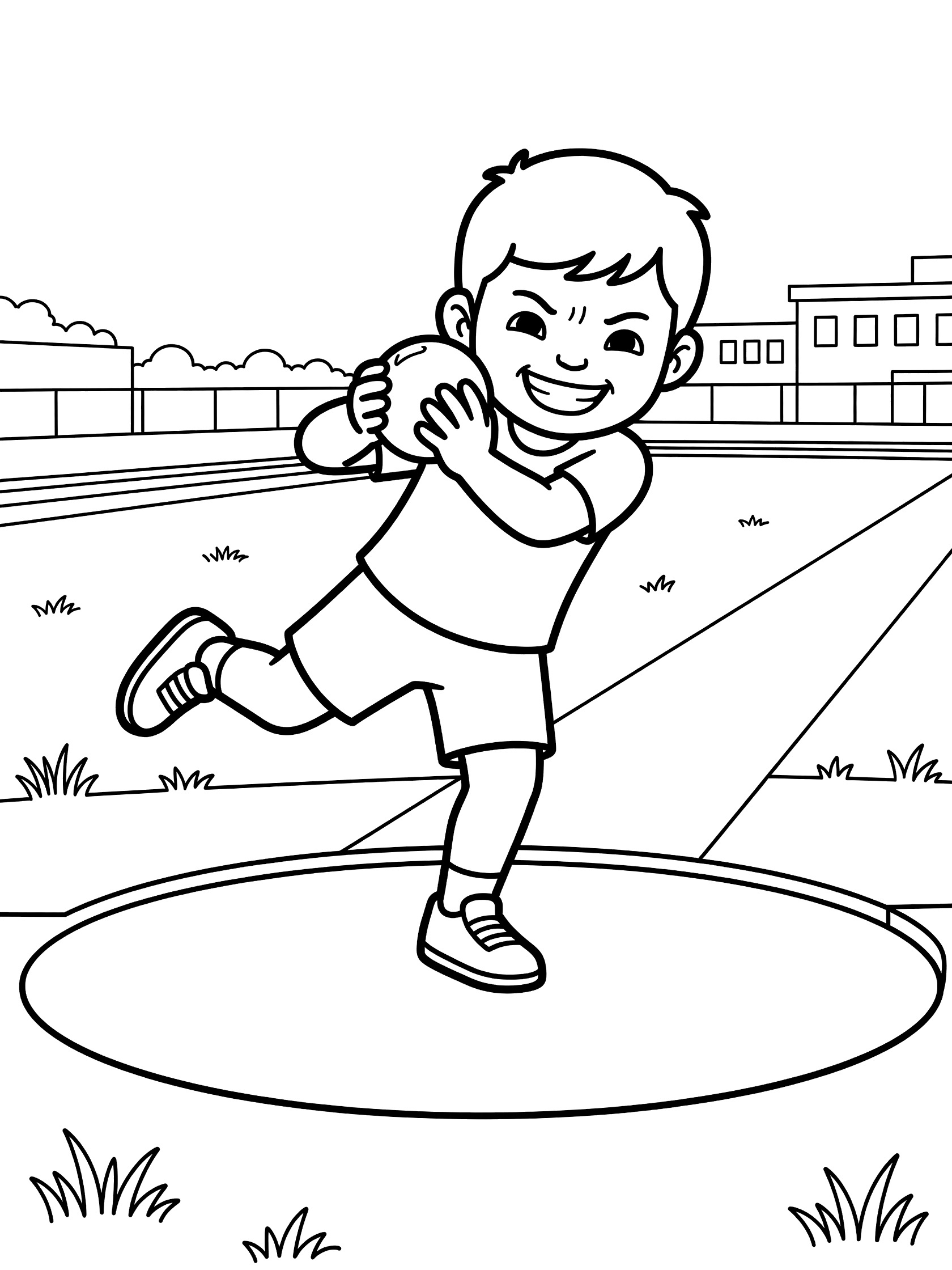 Black-and-white coloring page of a determined kid gripping shot put close to neck, spinning powerfully in the shot put circle on school field with track and grass.