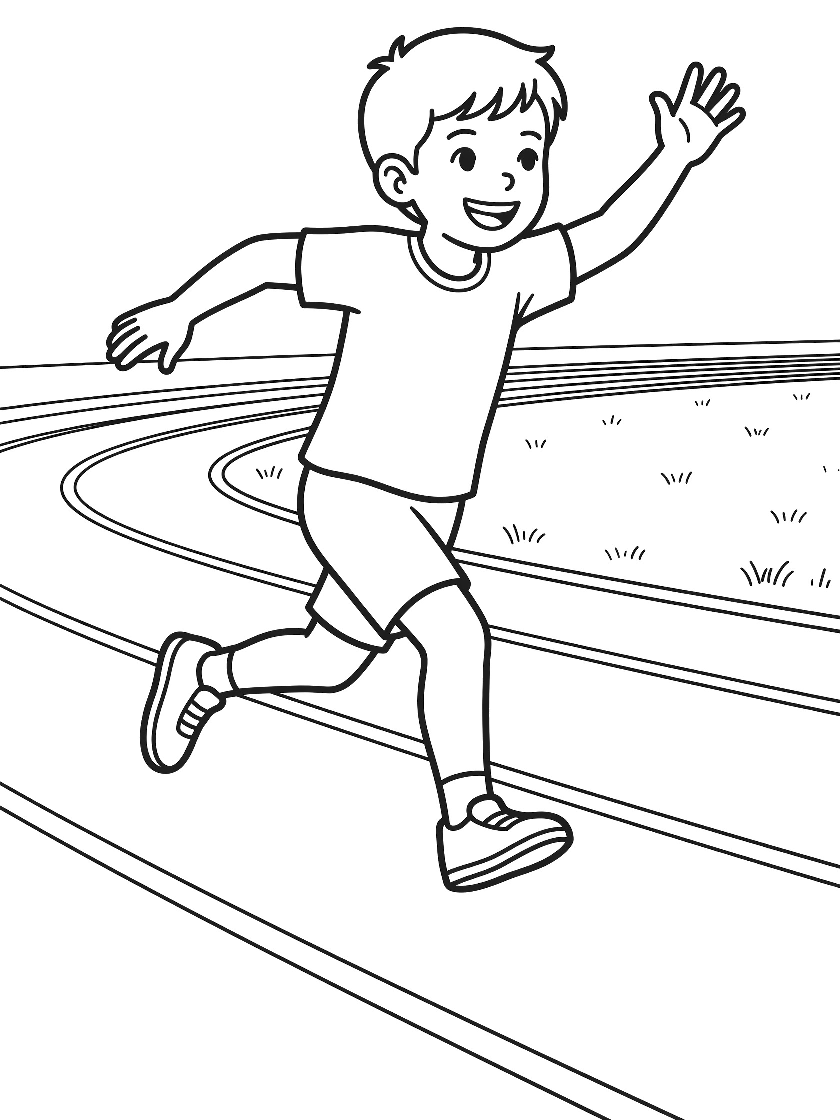 Black and white line art of a happy boy sprinter leaning forward mid-stride on a curved track, wearing t-shirt and shorts, with grass beside the lanes.
