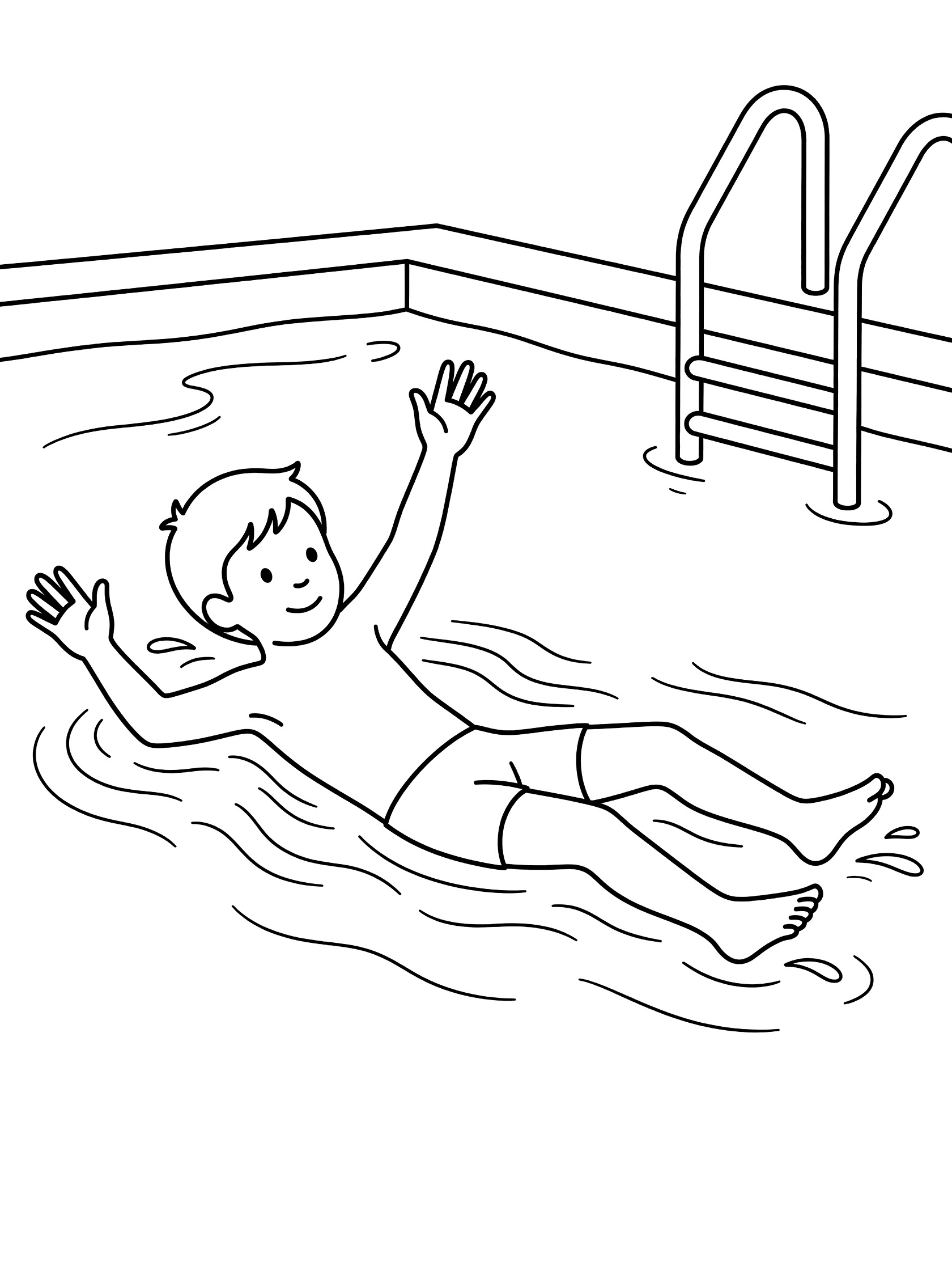 Black and white line art of a smiling child swimmer doing backstroke in a pool, one arm pulling through water, the other overhead, with flutter kick, ripples, and pool ladder.