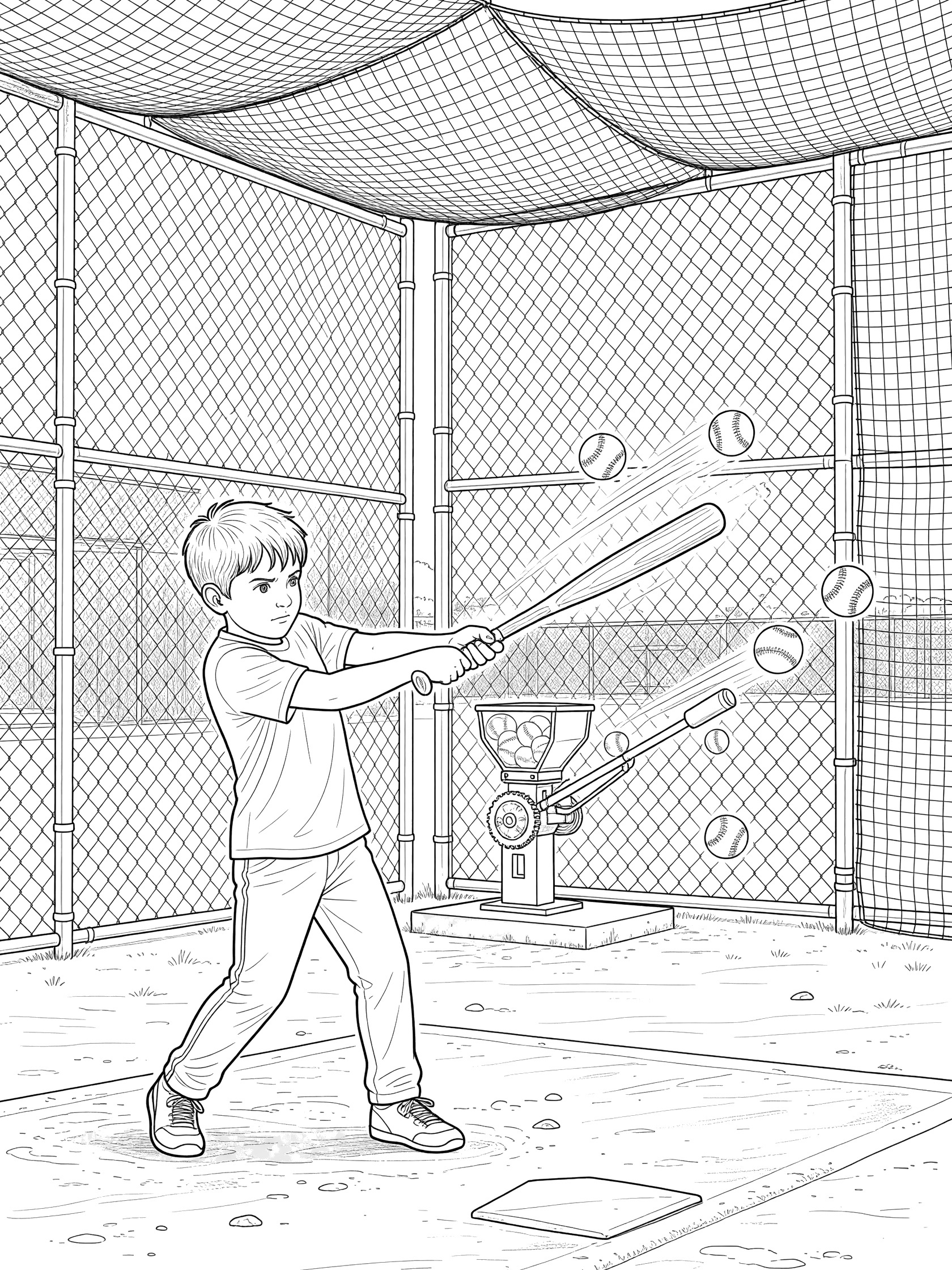 Black and white line art of a kid swinging a baseball bat in a batting cage with flying balls and pitching machine