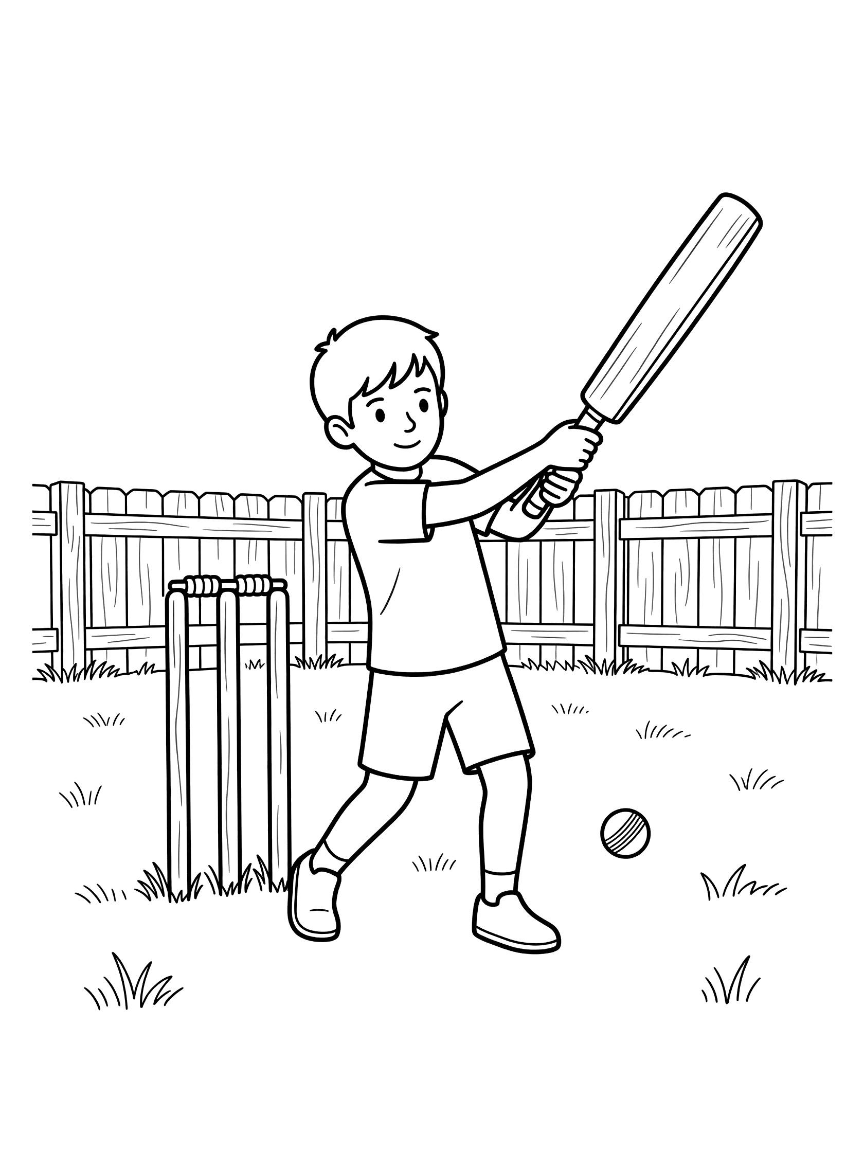 Black and white line art of a boy swinging a wooden cricket bat at a backyard wicket with stumps, cricket ball on grass, and wooden fence.