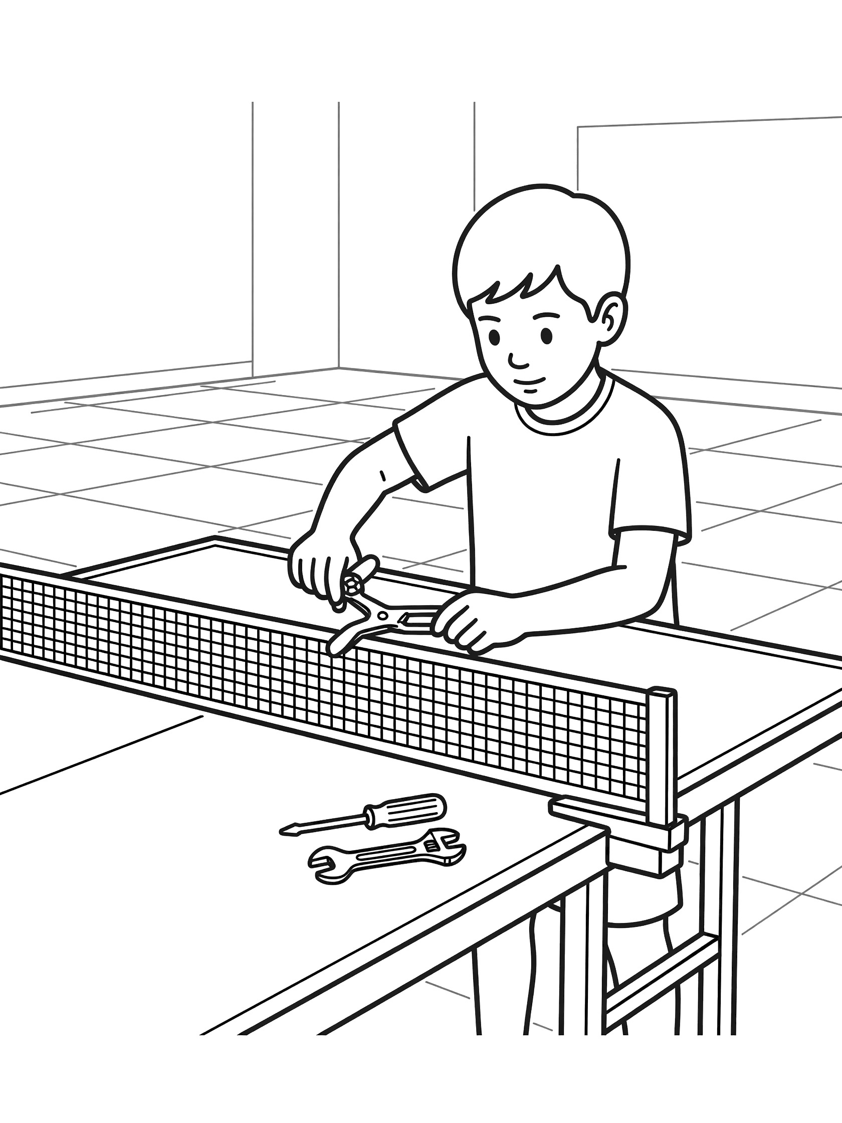 Black and white coloring page showing a boy carefully tightening the ping pong net with a clamp on a green table tennis top, with tools nearby.