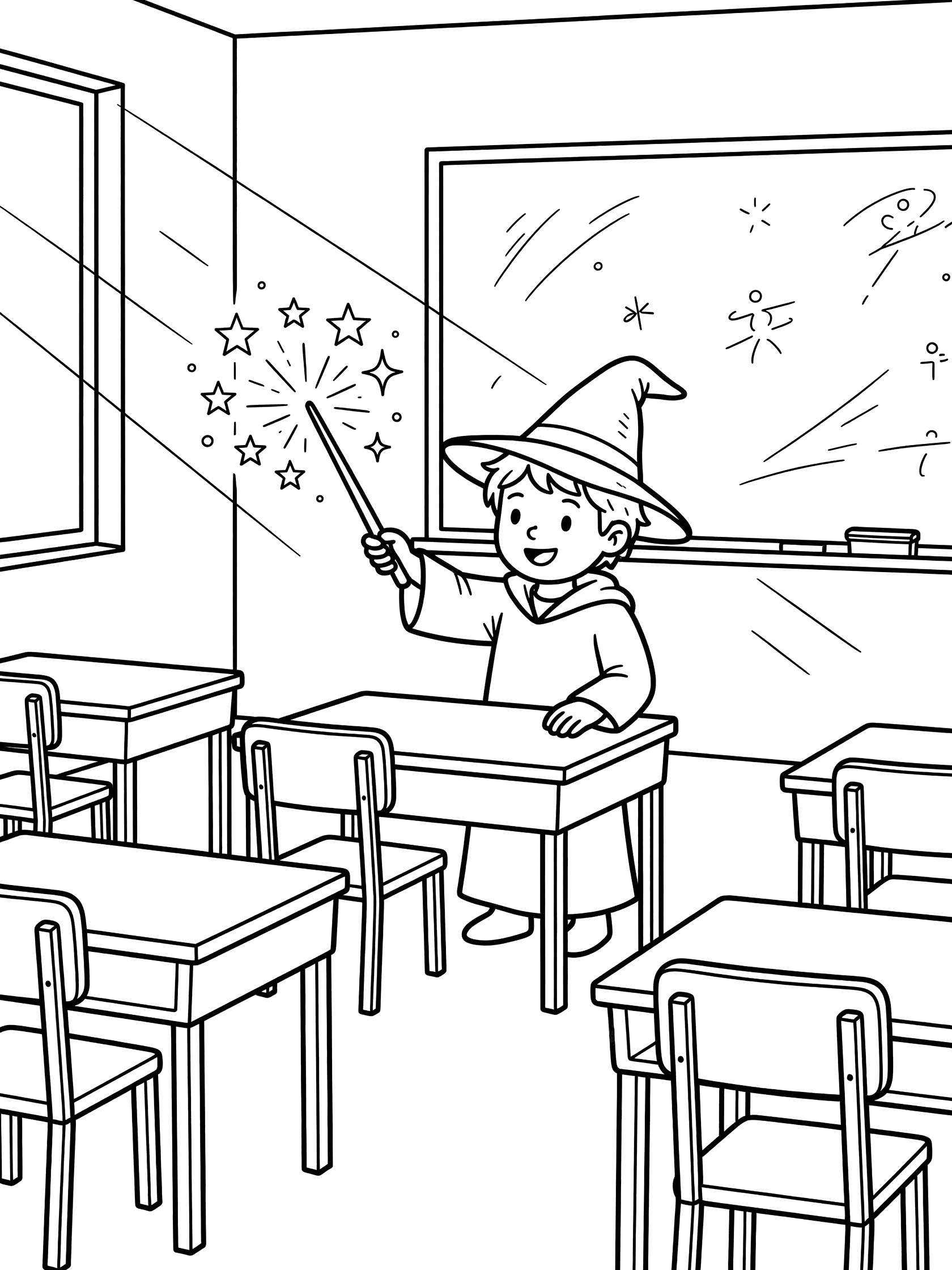 Black and white line art coloring page showing a smiling kid wizard in pointy hat and robe standing at a desk in classroom, waving wand with sparkling stars, chalkboard and windows in background. Wizard School themed black and white printable line art