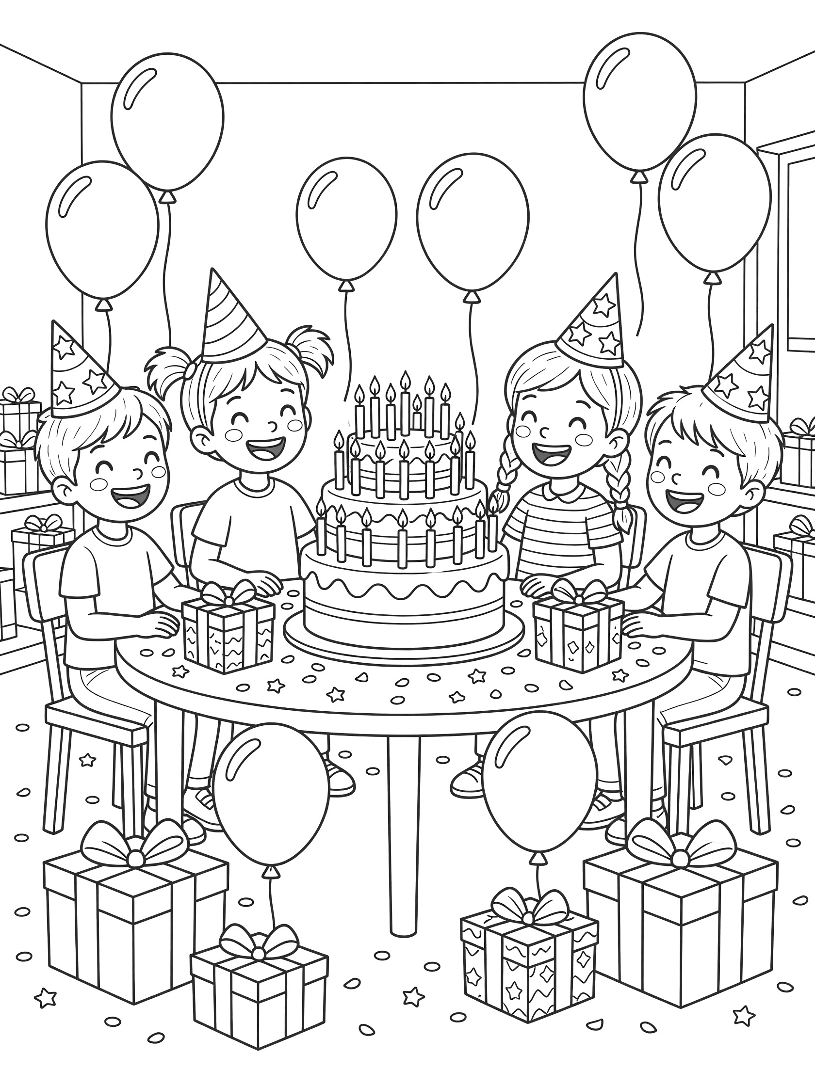 18th birthday coloring page showing elementary kids wearing conical party hats with stars, gathered at a round table with a tall cake lit by 18 candles, surrounded by balloons and presents