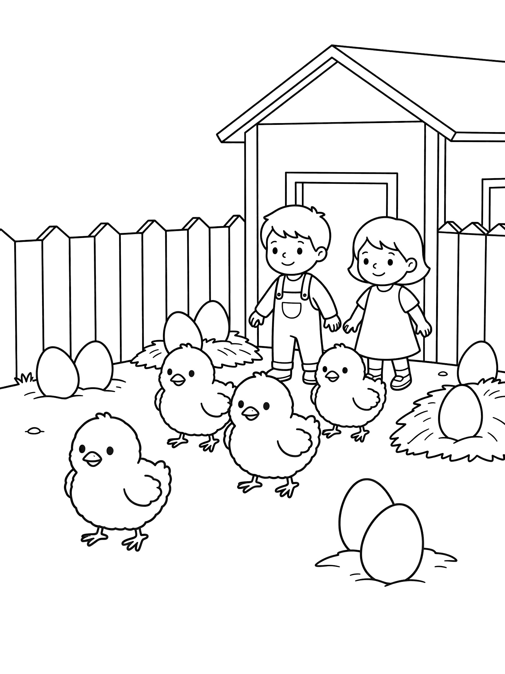 Black and white line art coloring page showing two children standing with fluffy baby chicks around Easter eggs in front of a coop with fence. Easter Egg Hunt themed black and white printable line art