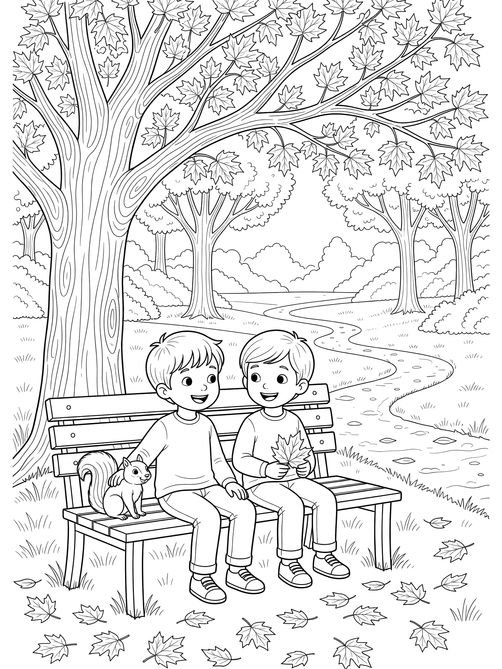 Black and white coloring page showing two boys in shirts and pants sitting on a wooden park bench holding a squirrel and autumn leaves, under a large tree with fall leaves, path and trees in background. Maple Tree themed black and white printable line art