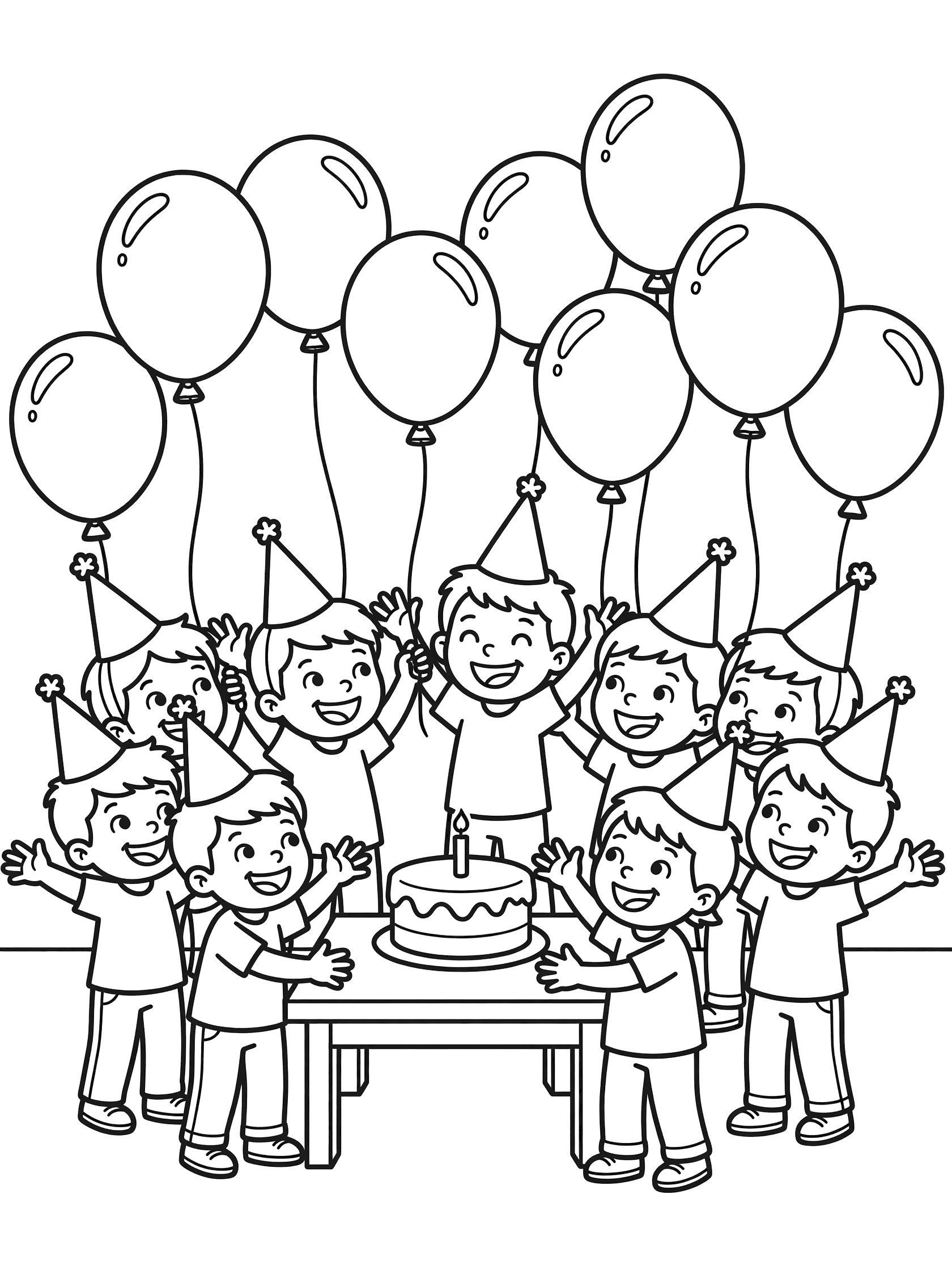 Group of smiling kids wearing tall party hats, holding balloons with strings, standing in a circle around a birthday cake on a table coloring page