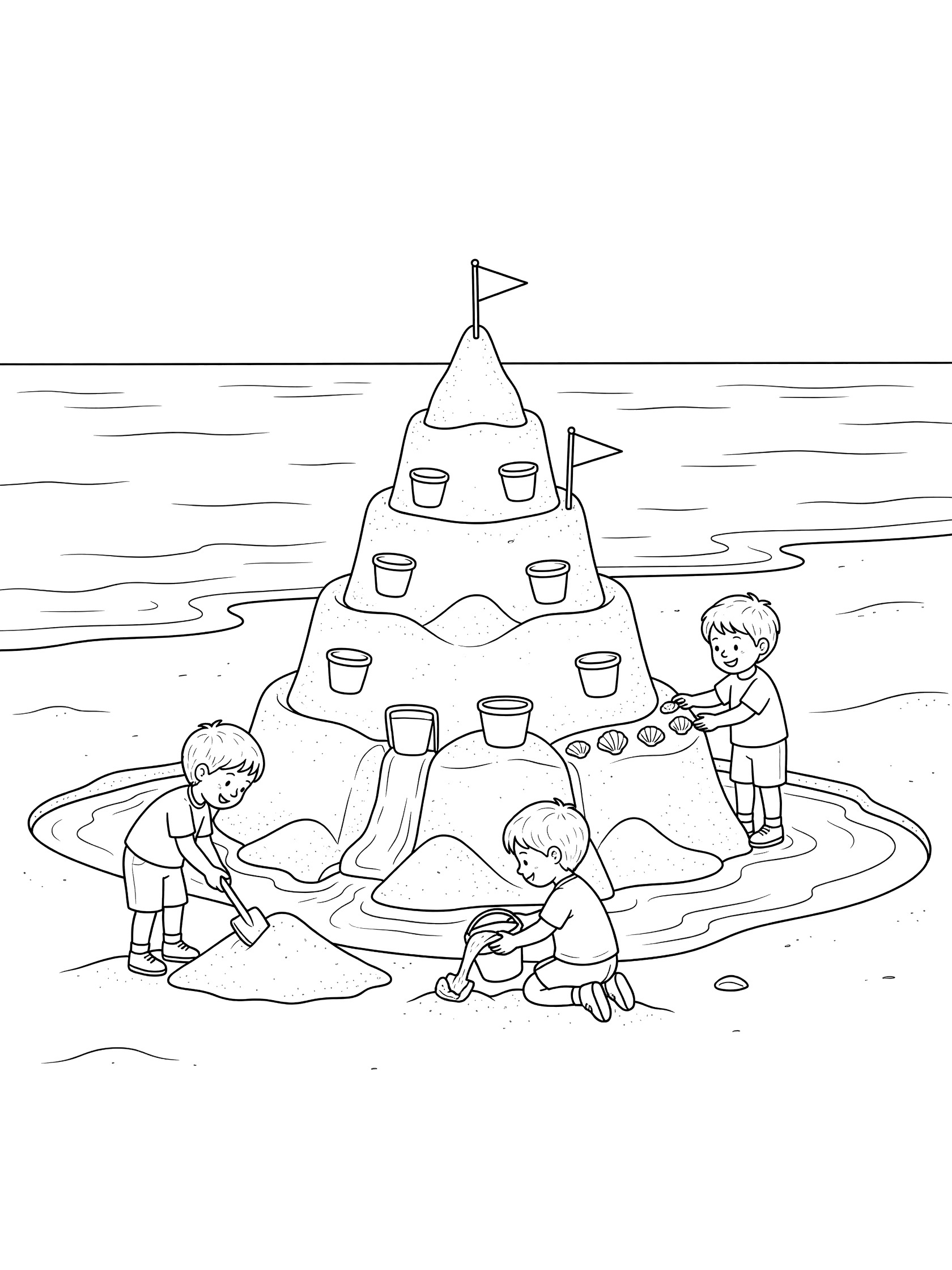 Black and white line art coloring page showing three kids building a tall sandcastle on a sandy beach near the lake with buckets, shovels, shells, moat, flags, and gentle waves. Lake Activities themed black and white printable line art