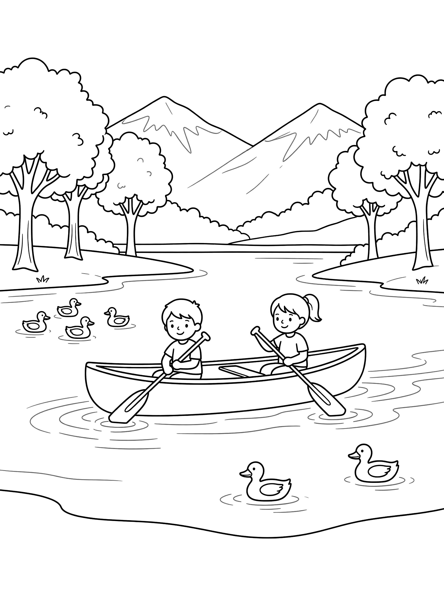 Black and white line art coloring page showing two children in a canoe paddling across a lake, surrounded by ducks swimming, trees on the shore, mountains in the background, and water ripples. Lake Activities themed black and white printable line art