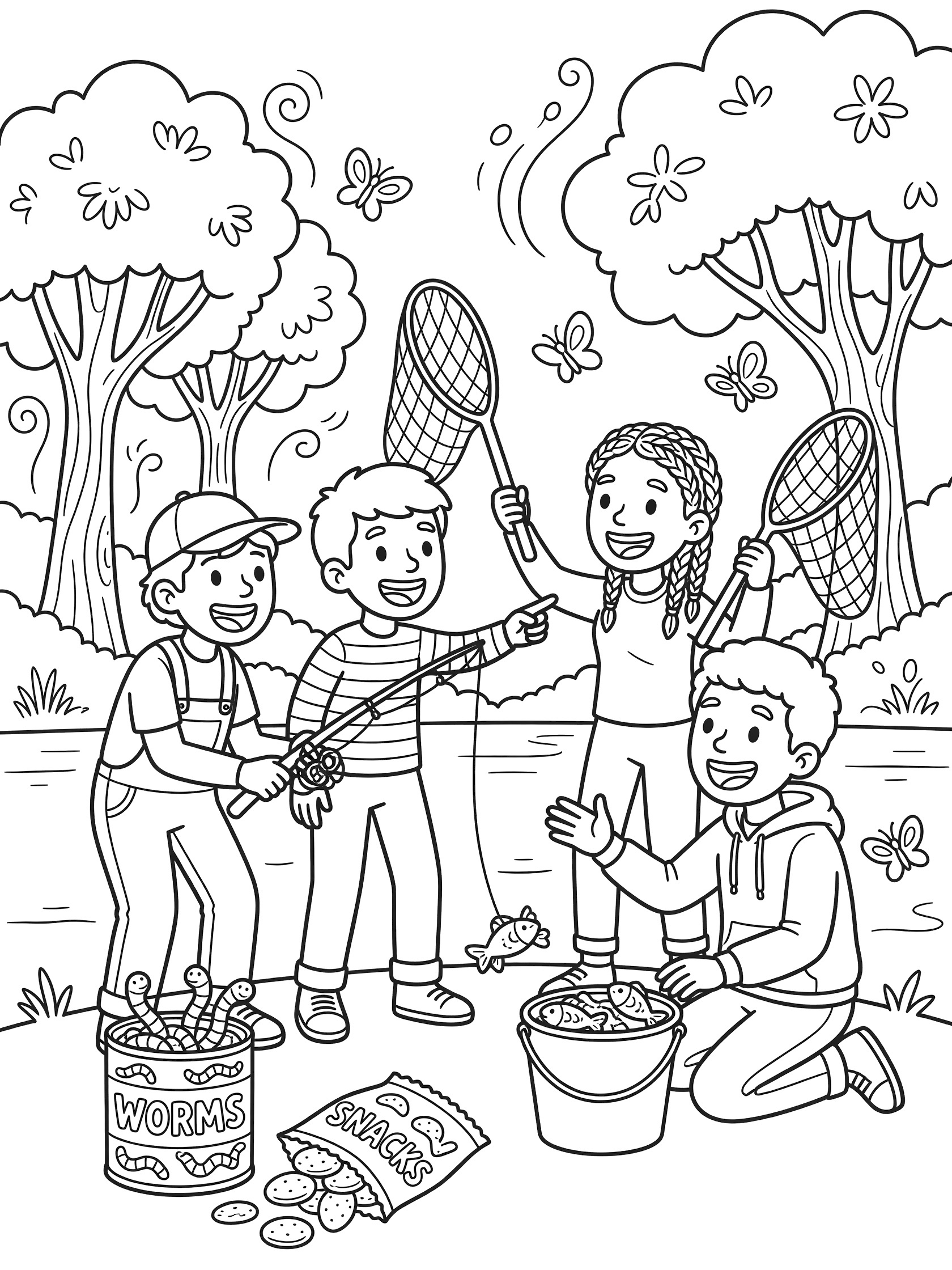 Black and white line art coloring page showing four happy kids outdoors: two catching butterflies with nets, two fishing with rods near water, trees in background, bucket with small fish and worms can. Fishing Lakes themed black and white printable line art