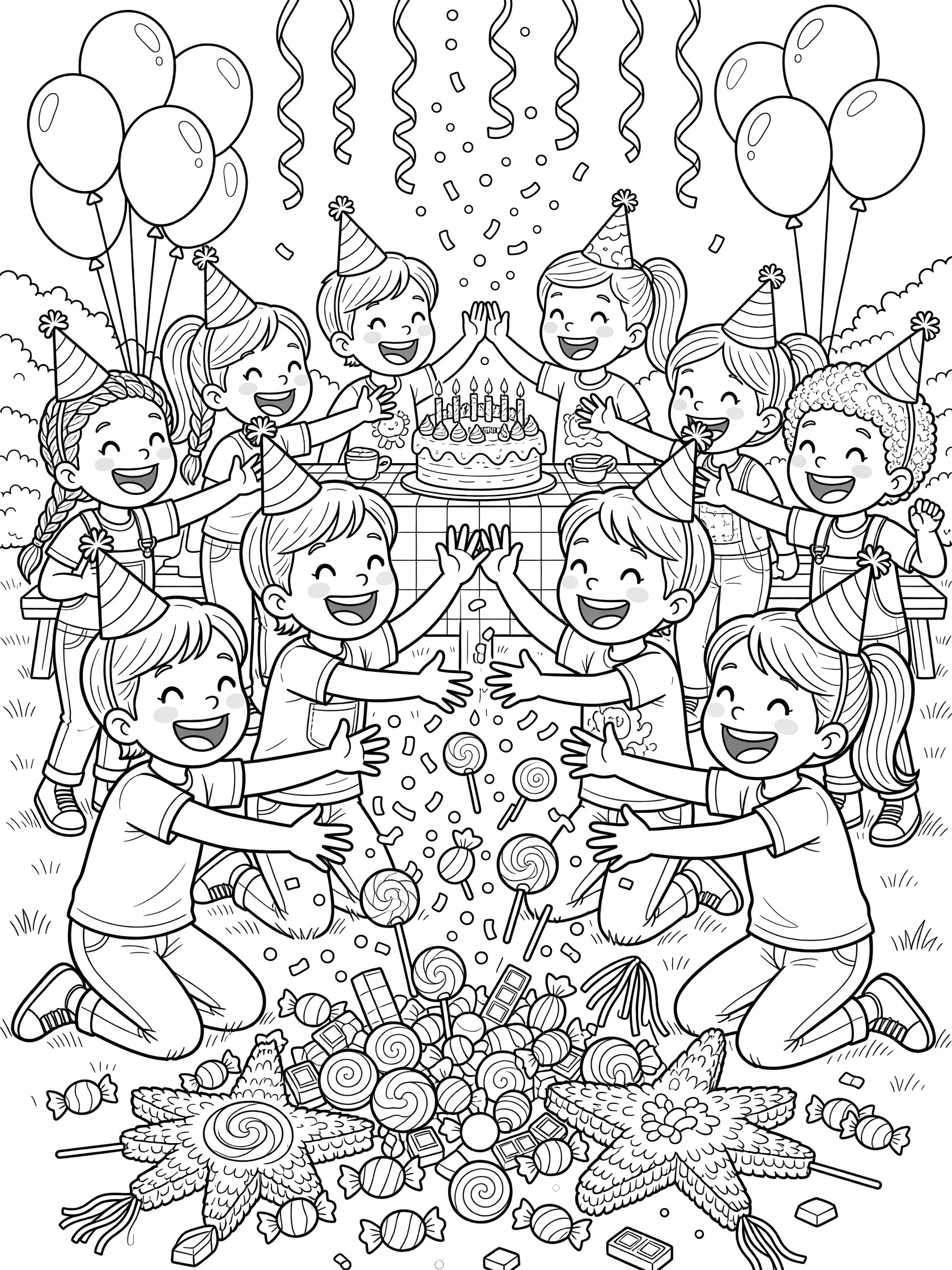 Cartoon line art coloring page showing diverse kids high-fiving and grabbing treats from a broken star piñata at a backyard birthday party with balloons, cake, and streamers.