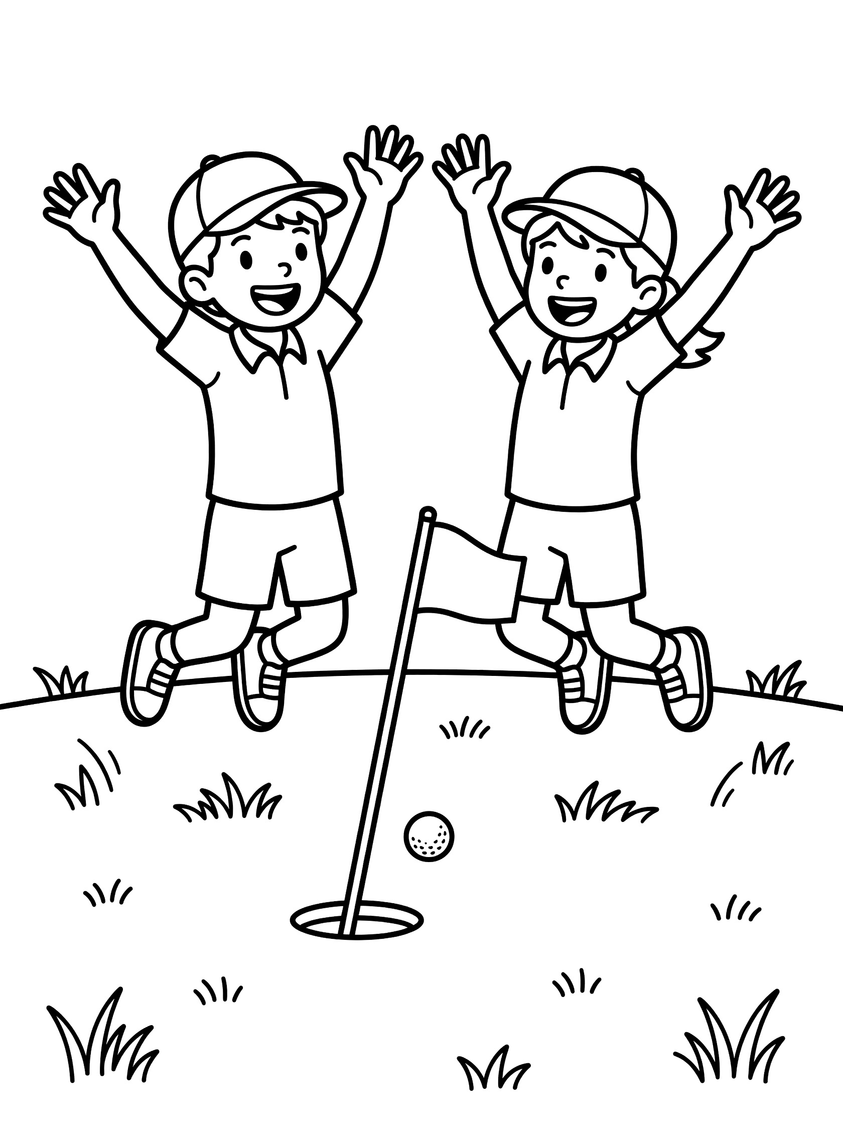 Two happy kids in golf outfits jumping excitedly on the green after their ball drops in the hole, flagstick leaning nearby with scattered grass