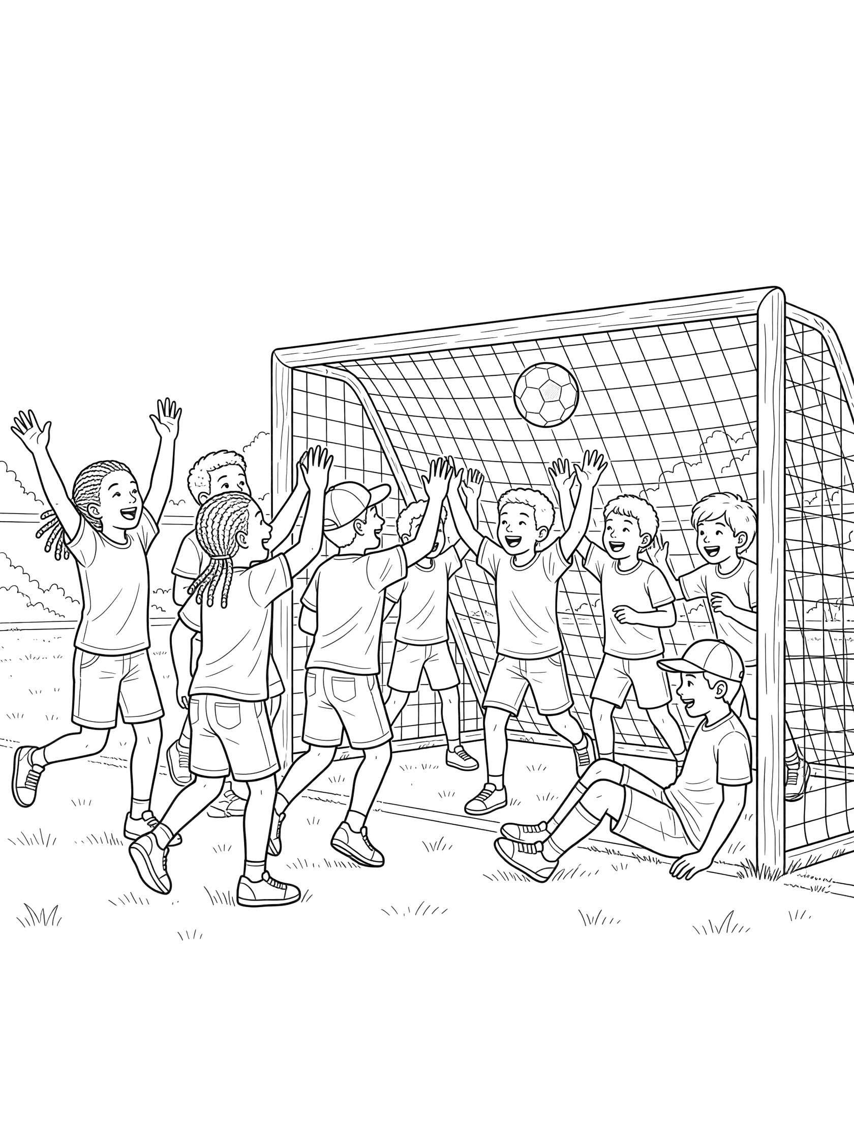 Black and white coloring page showing a group of kids celebrating a soccer shoot-out victory with arms raised around the goal, ball in net, and goalie nearby.