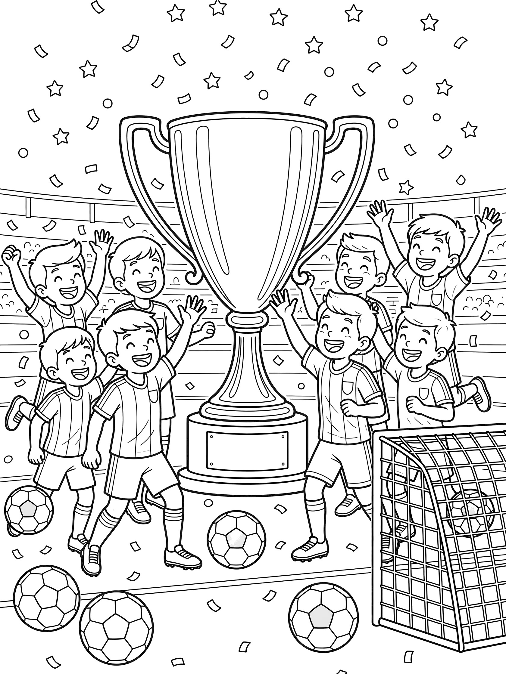 Black and white line art coloring page showing a group of kids in soccer uniforms celebrating around a large soccer trophy on a stadium field with confetti falling, soccer balls, and goal net.