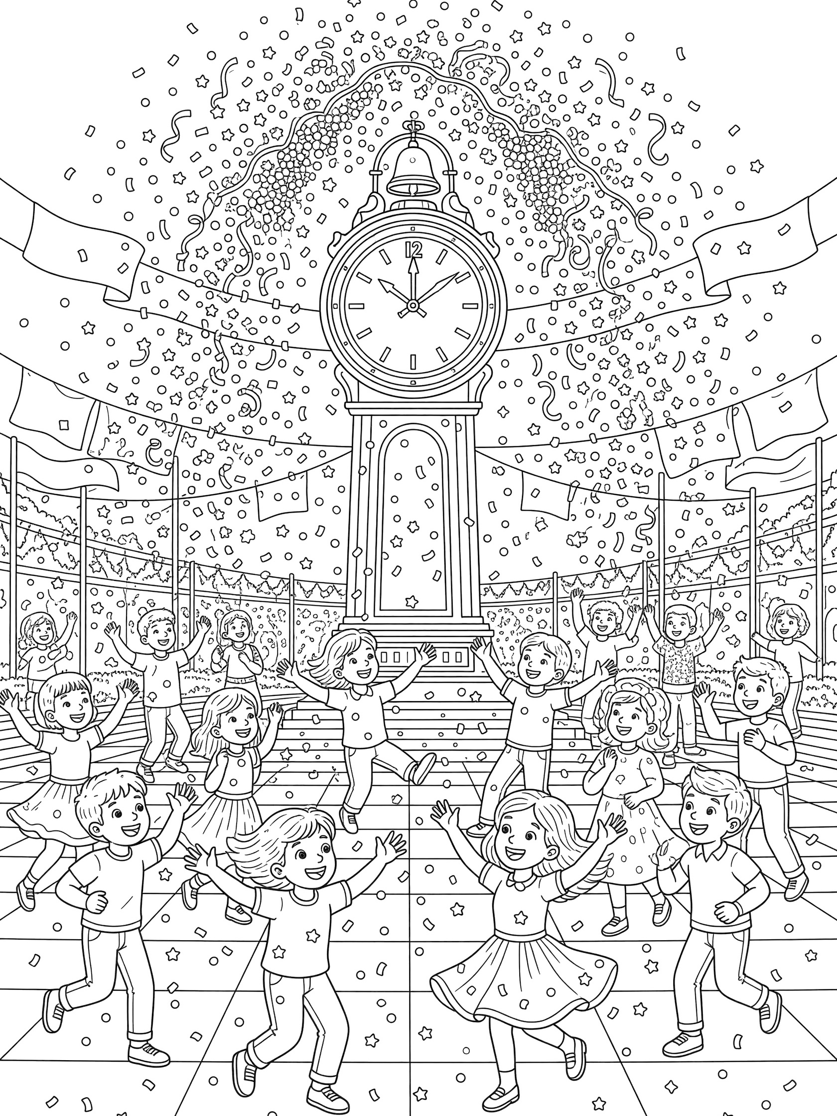 Coloring page showing children dancing happily as confetti rains down beneath a large New Year's clock with waving banners in the background.