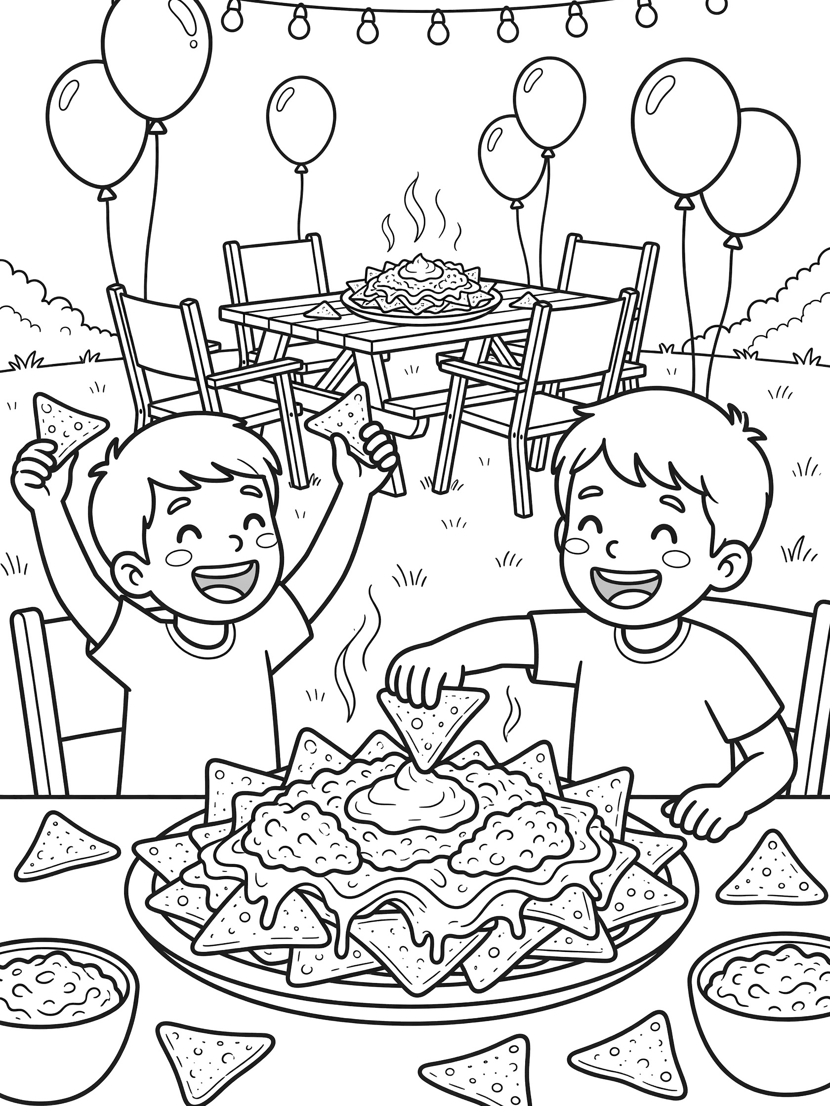 Coloring page showing two happy kids dipping crispy tortilla chips into steaming nachos loaded with toppings during a backyard gathering with balloons and string lights.