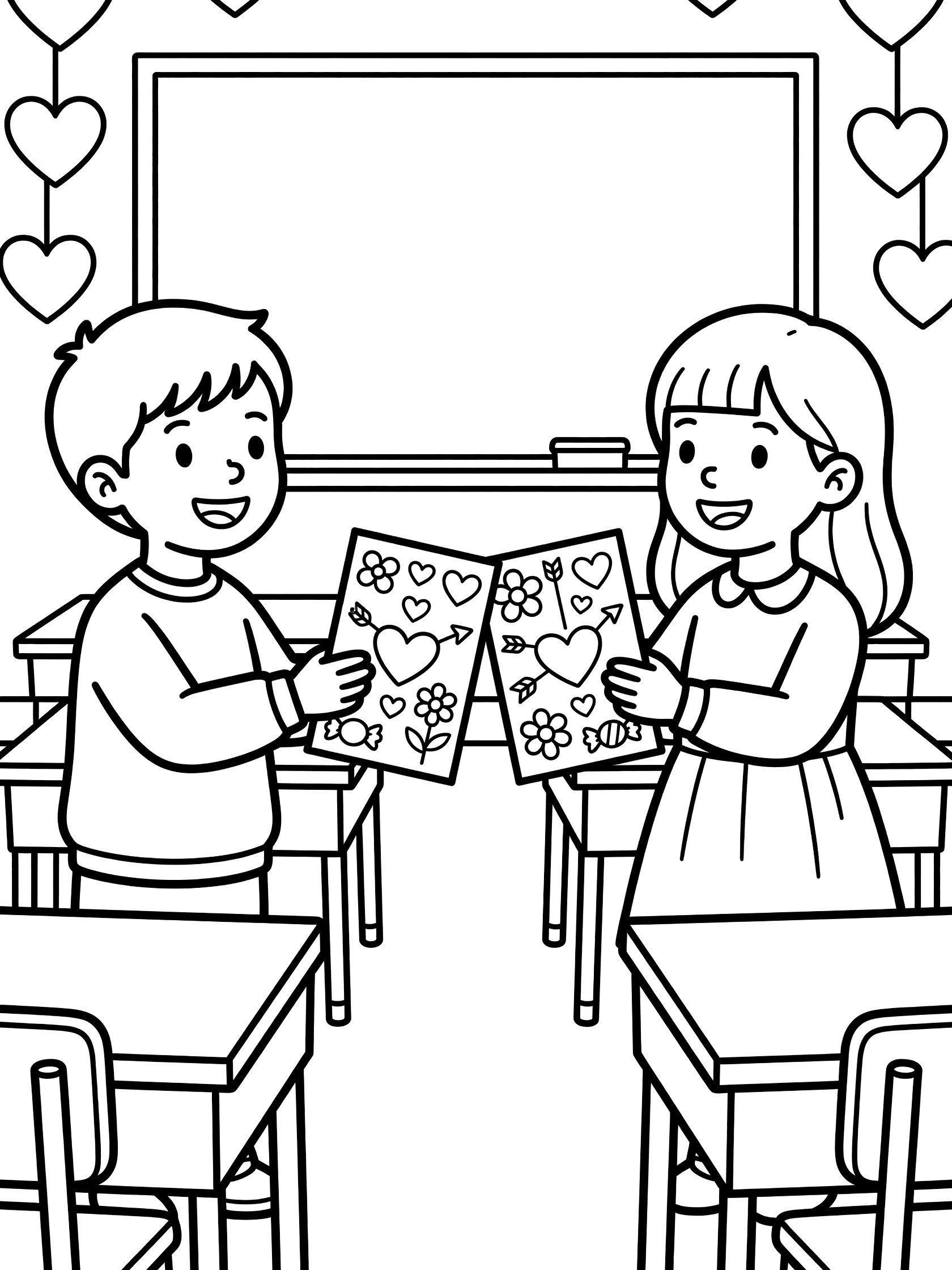 Black and white line art of boy and girl kids smiling while swapping Valentine's Day cards with hearts, flowers, arrows, and candy in a classroom setting